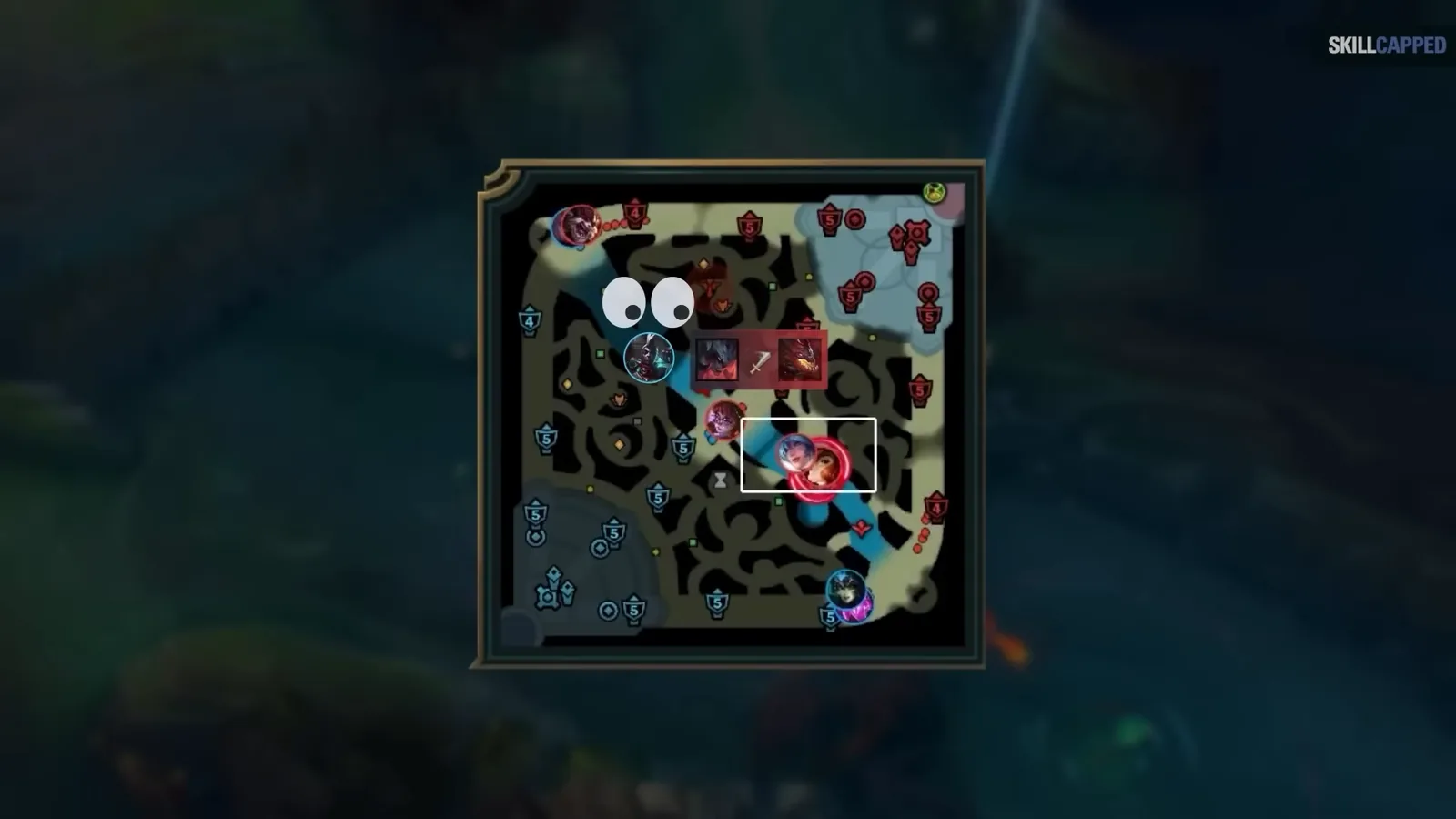 Minimap read before a support roam: enemy jungler and top side threats highlighted