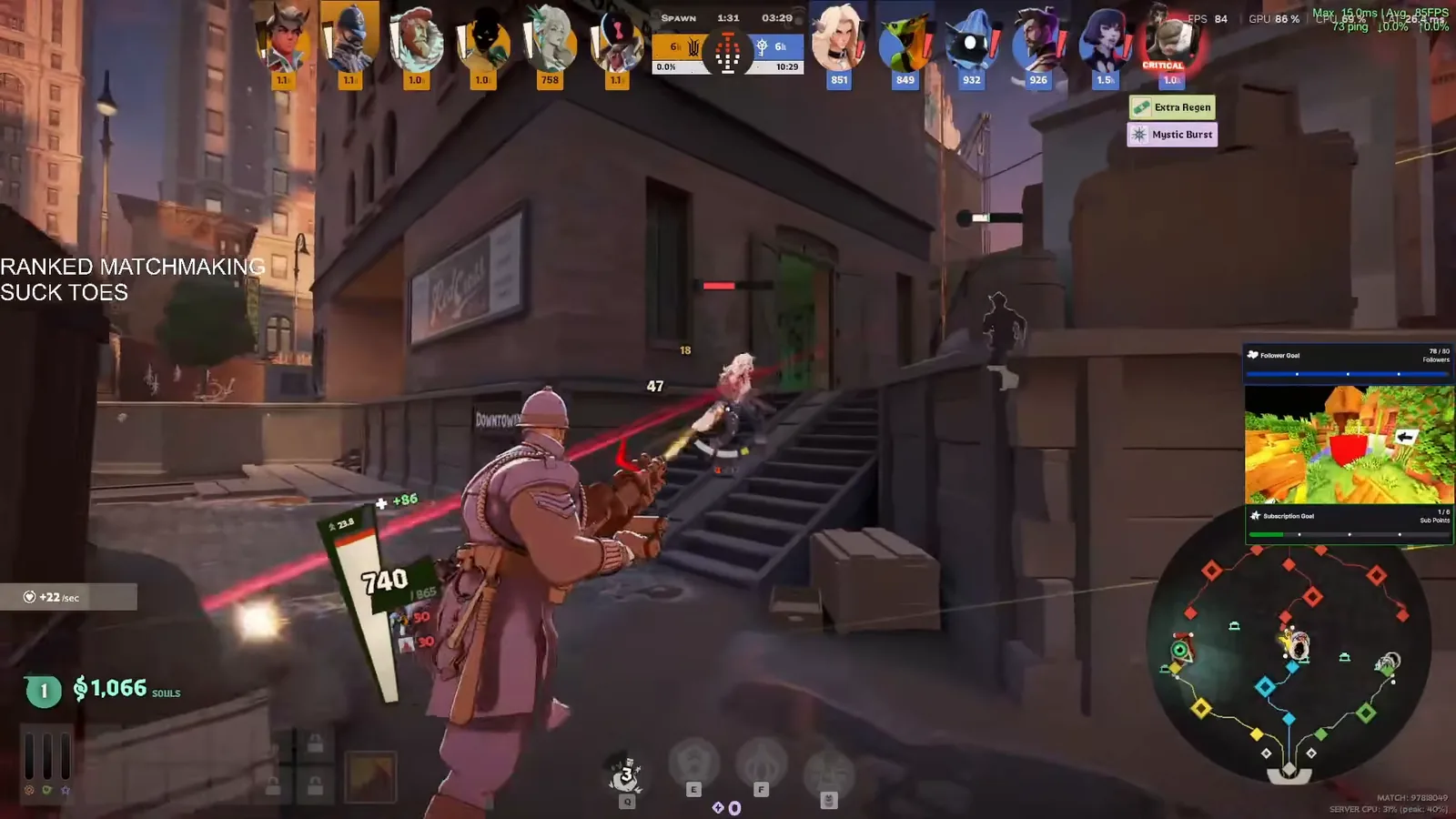 Warden shooting an enemy hero on a lane staircase in the first two minutes of a ranked match