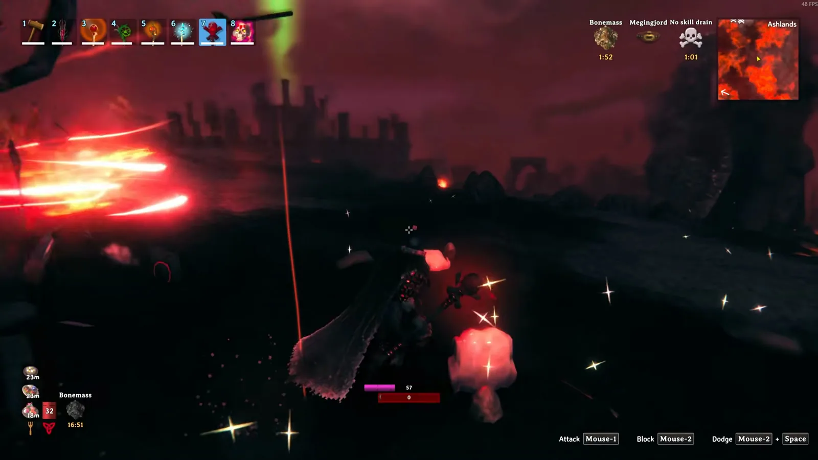 Casting a red blood-magic staff near a Charred Fortress in Valheim
