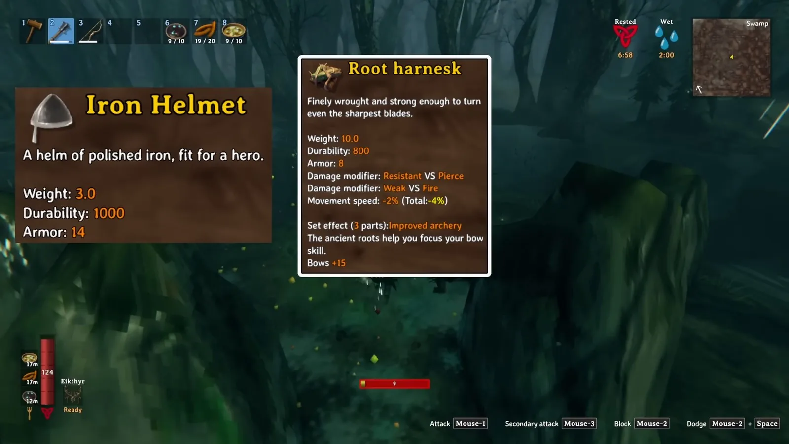 Valheim Iron helmet and Root harnesk tooltips with pierce resistance in the Swamp