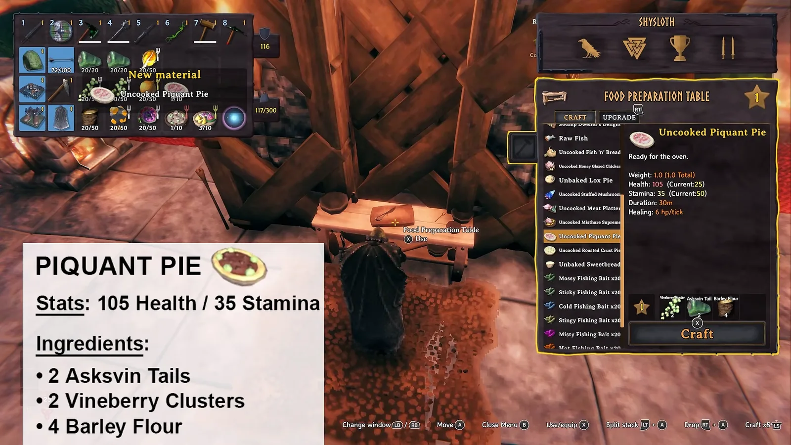 Piquant pie recipe at the Food preparation table: 105 health and 35 stamina in Valheim Ashlands
