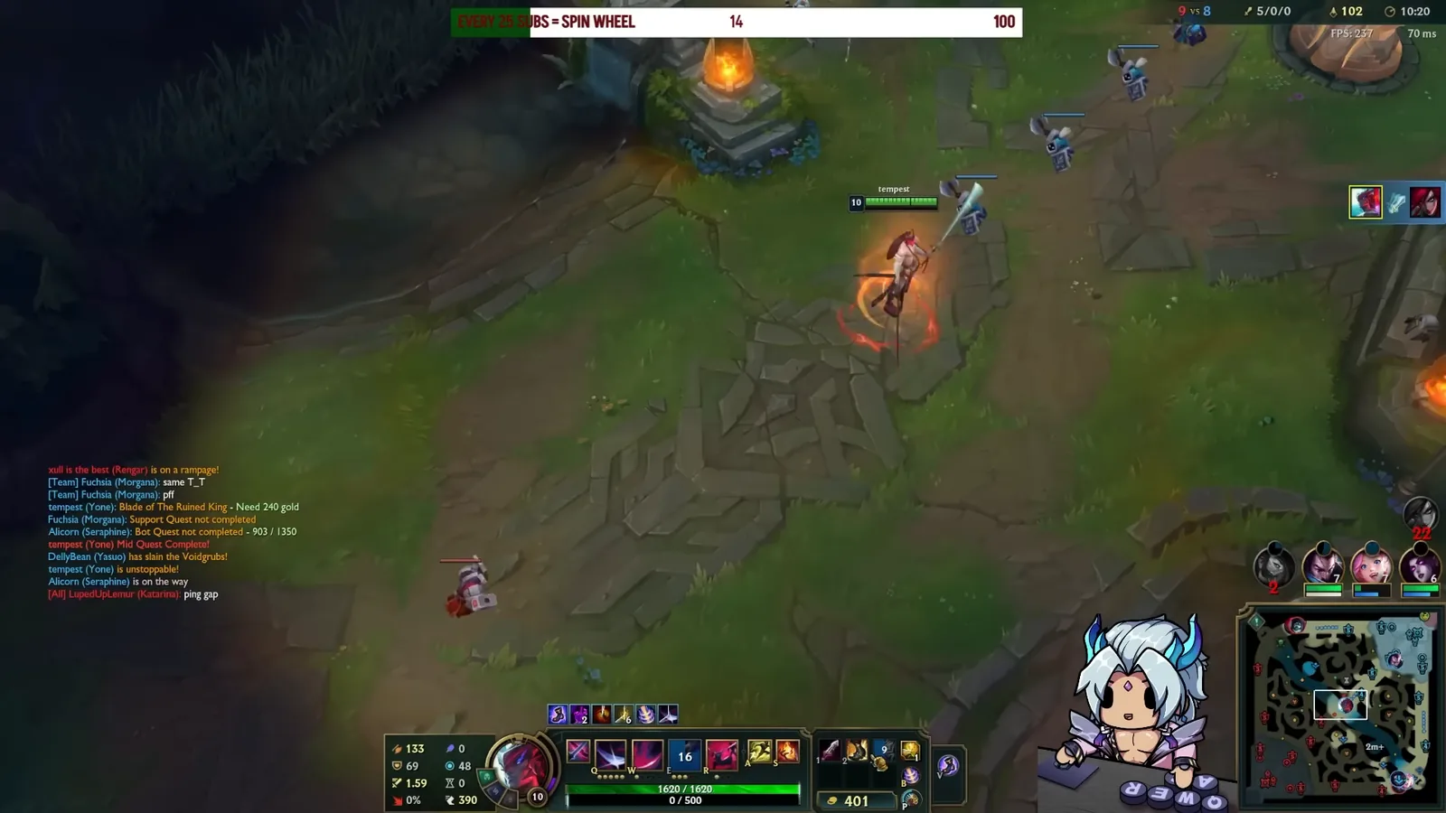 Chat showing Yone's mid quest complete at 10:20 with Blade of the Ruined King bought