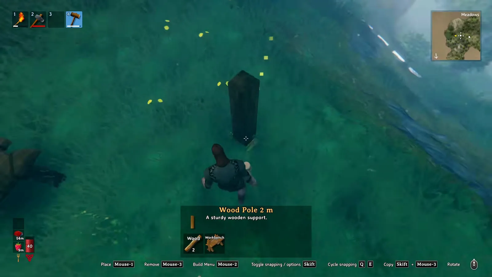 Placing a 2 m wood pole with the hammer to start a Valheim starter base on stilts