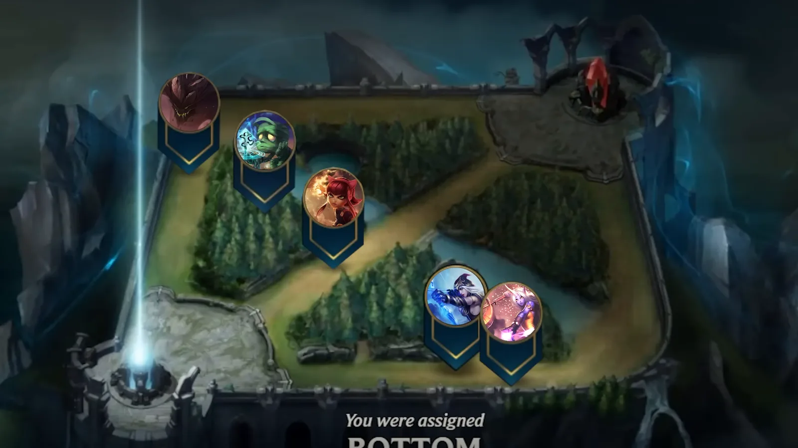 League of Legends role assignment screen with Malphite, Amumu, Annie, Ashe and Soraka placed on their lanes