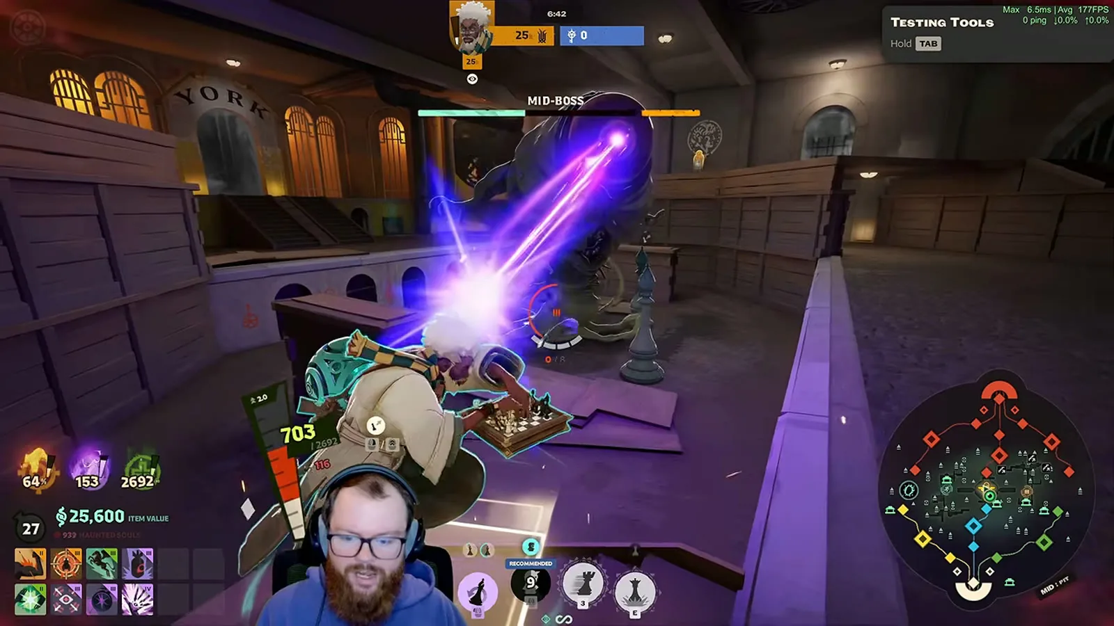 Solomon's bishops striking the Mid-Boss in a burst of purple spirit damage