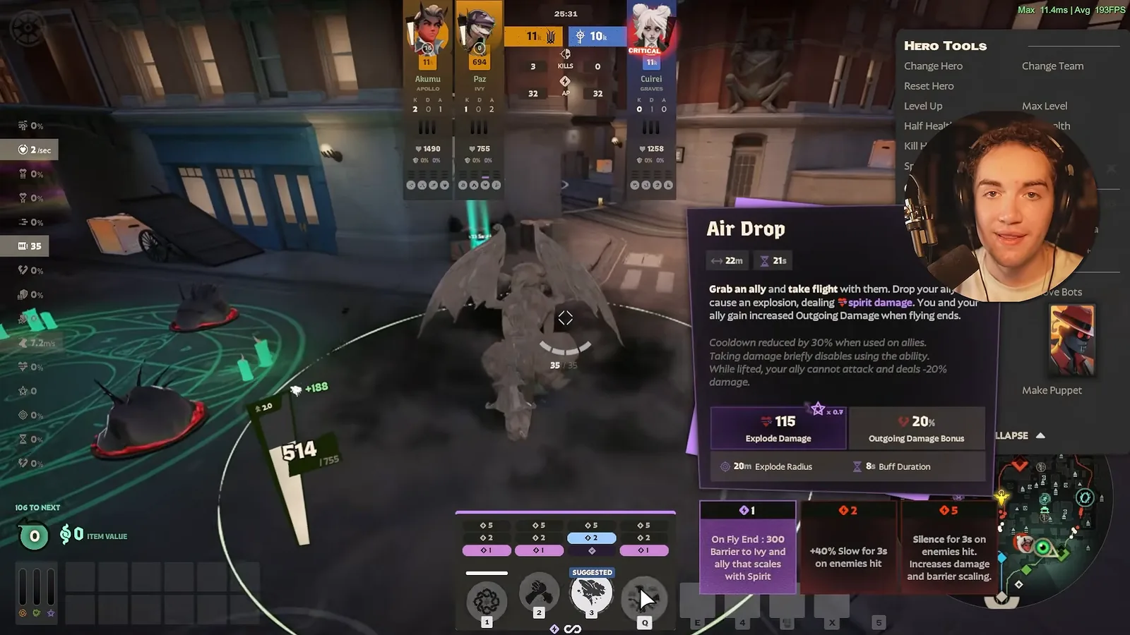 Air Drop ultimate tooltip with explode damage and upgrade tiers