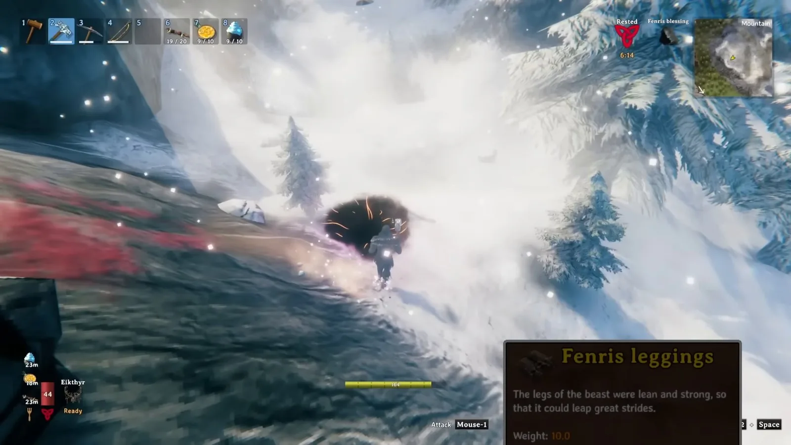 Valheim player running through the Mountains with the Fenris leggings tooltip shown