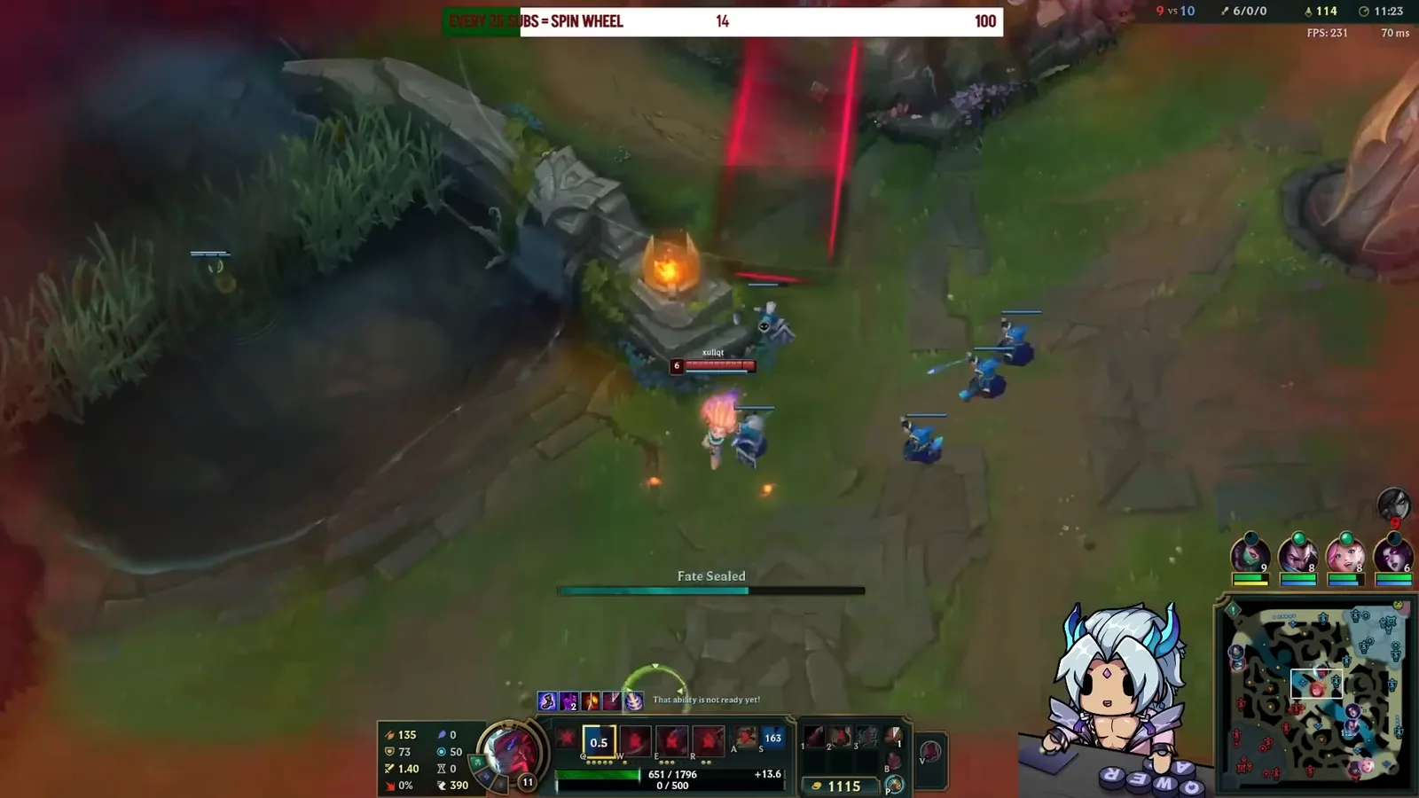 Yone casting Fate Sealed, the cast bar shown over his ability bar in mid lane