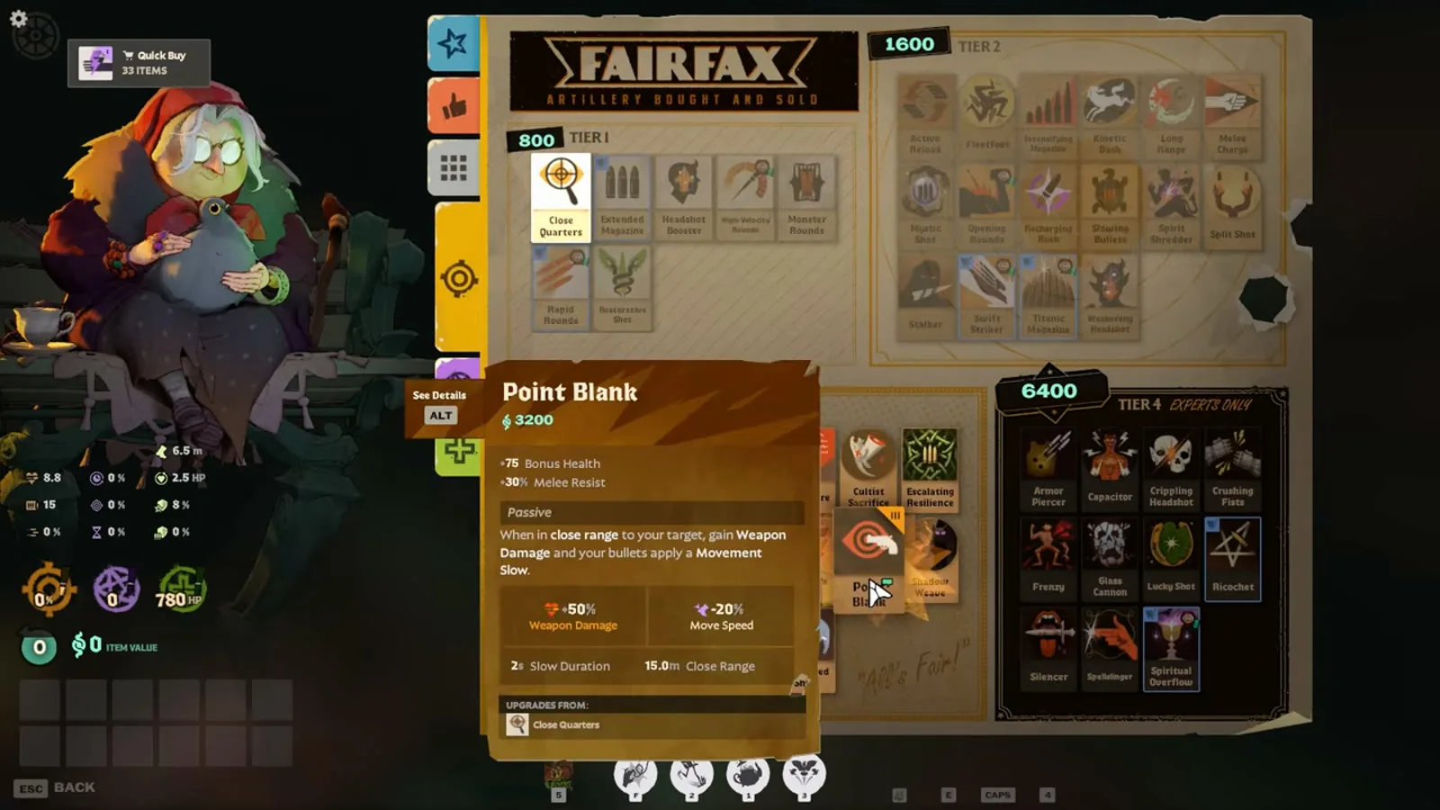 Deadlock shop tooltip showing Close Quarters upgrading into the 3200-soul item Point Blank