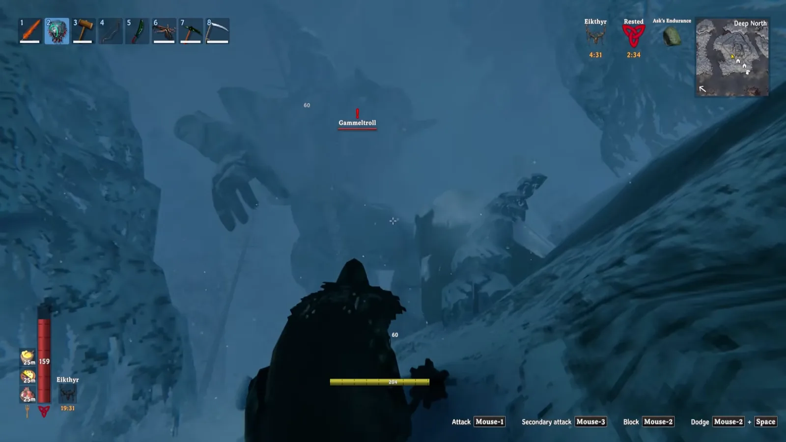 Gammeltroll looming in a Valheim Deep North snowstorm, the elder troll that drops Petrified Tissue for Bloodgold