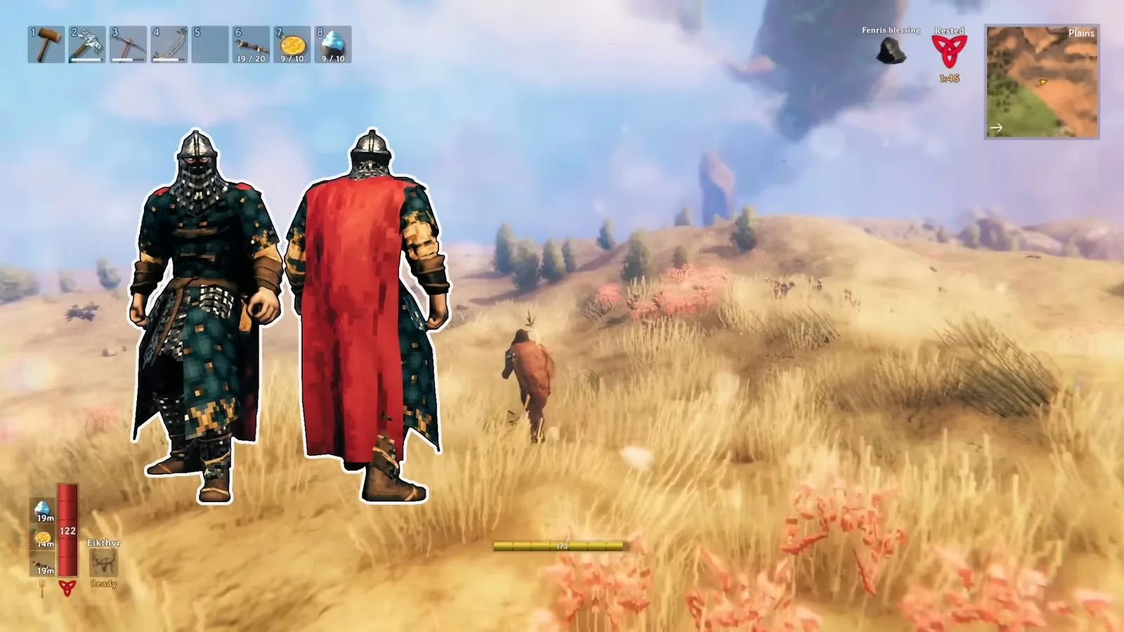Valheim padded armor set and red linen cape shown over the Plains