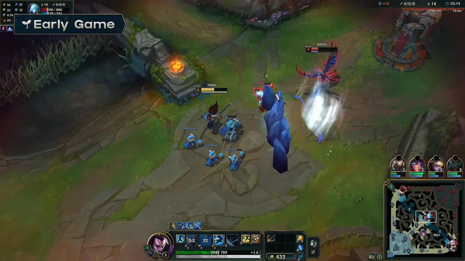 Yasuo early game laning against the minion wave in mid lane
