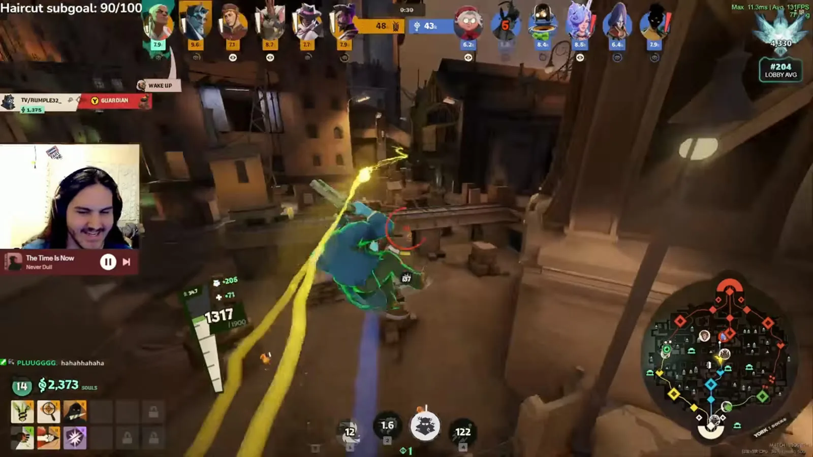 Abrams using Shoulder Charge to chase an enemy through a Deadlock street at 9 minutes