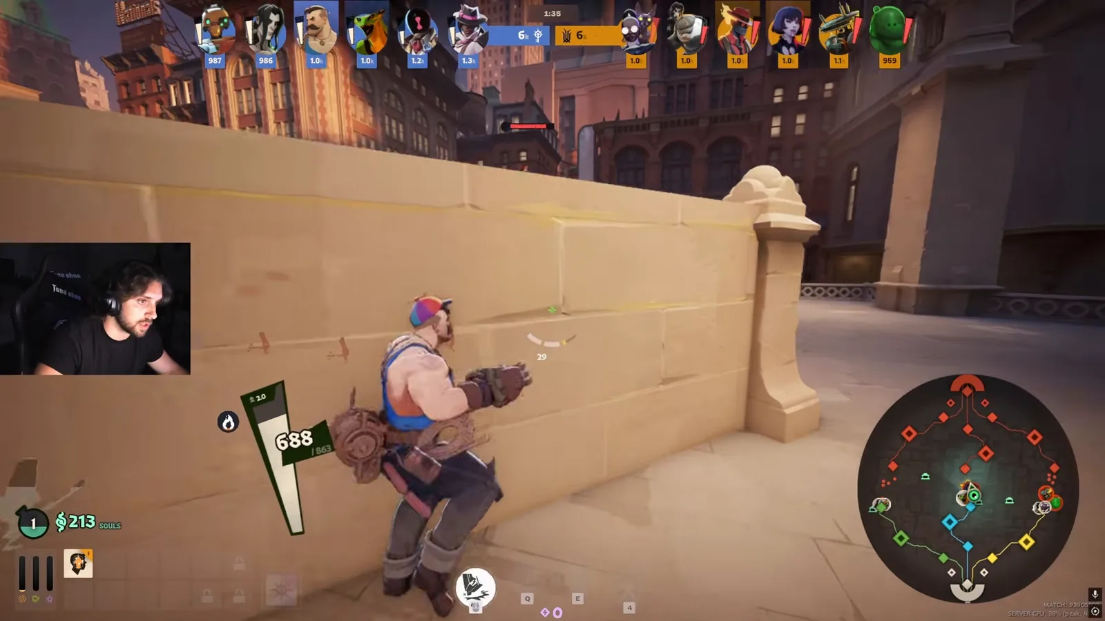 Lash taking cover behind a wall in mid lane against Mina in Deadlock