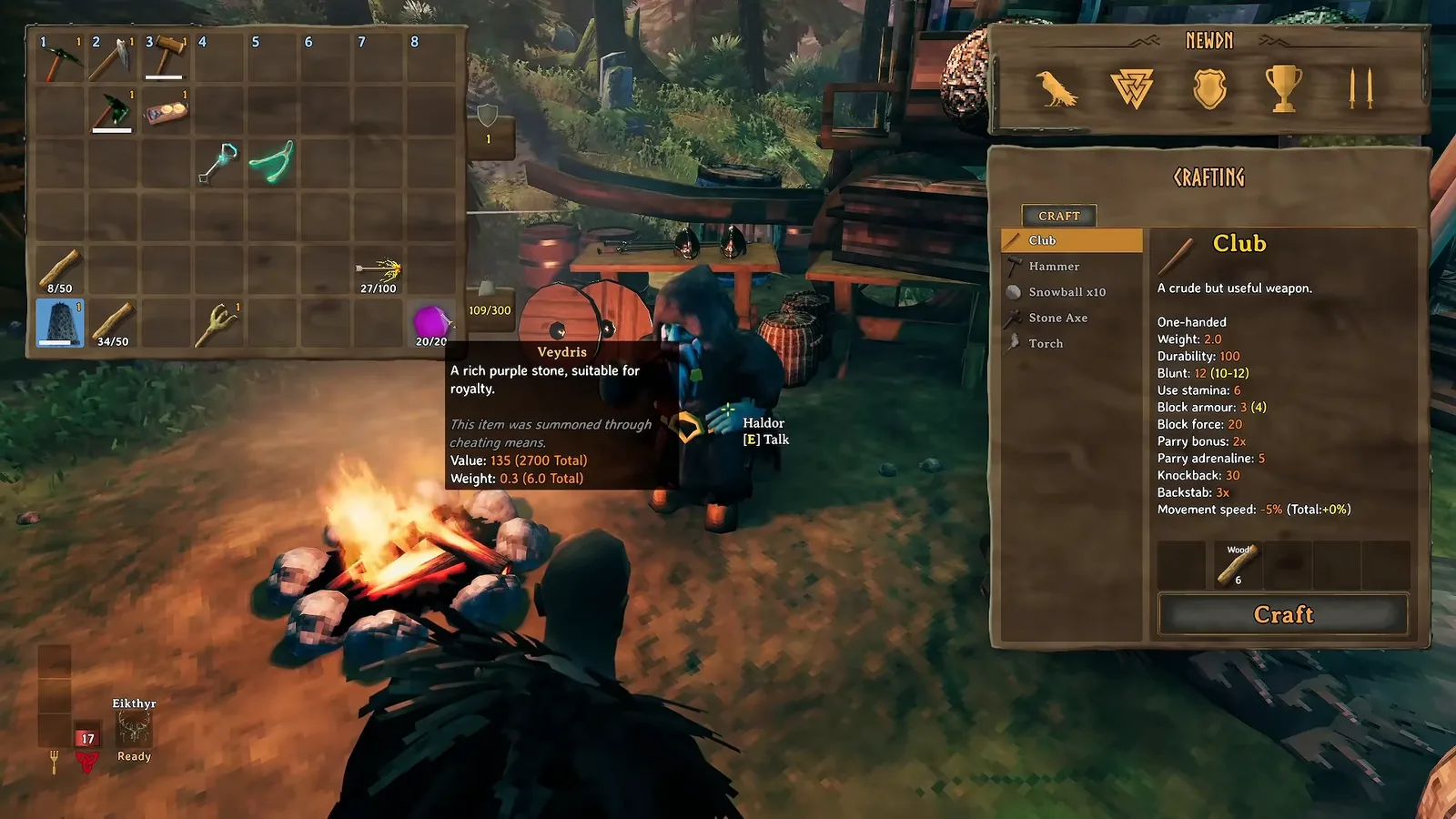 Veydris valuable tooltip showing a sell value of 135 coins next to Haldor in Valheim 1.0