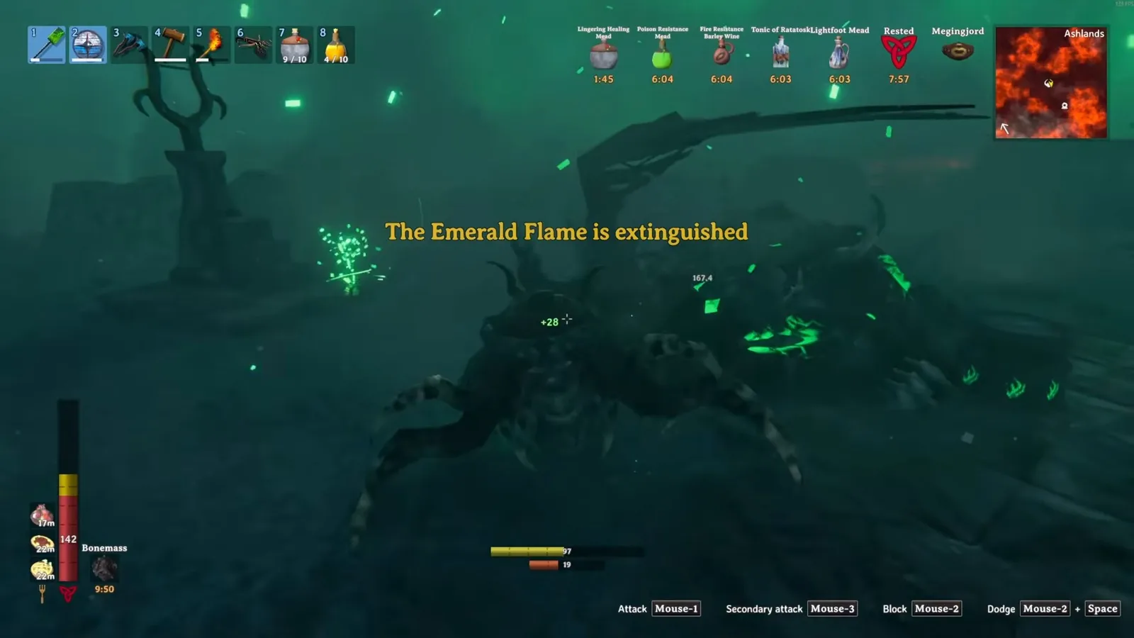 The Emerald Flame is extinguished message after defeating Fader in Valheim 1.0