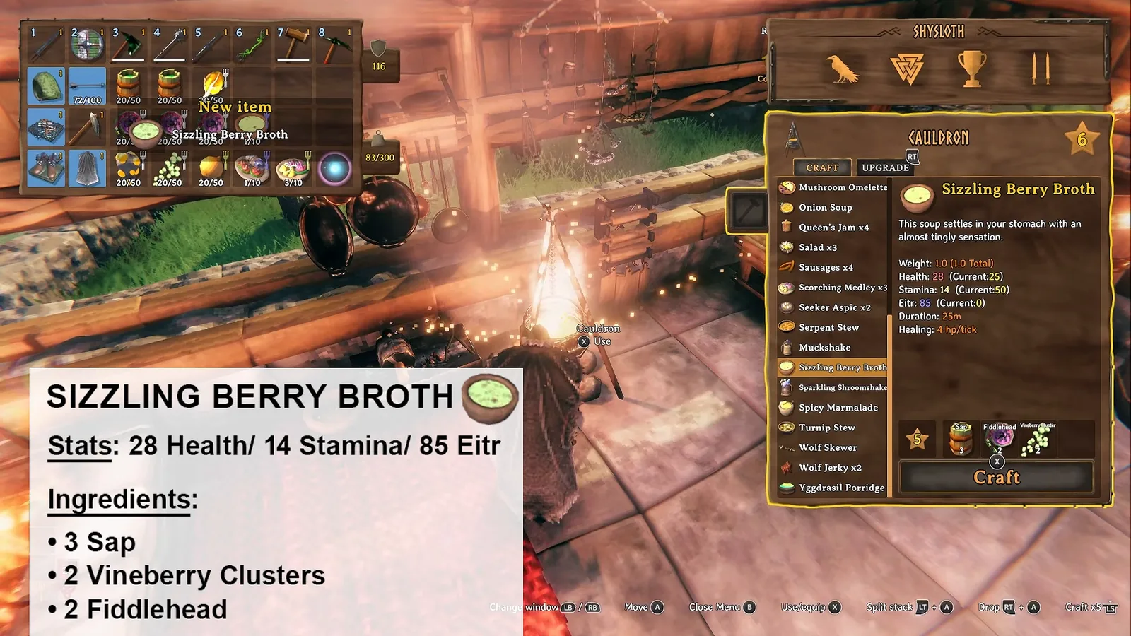 Sizzling berry broth in the Valheim Cauldron menu: 28 health, 14 stamina, 85 eitr