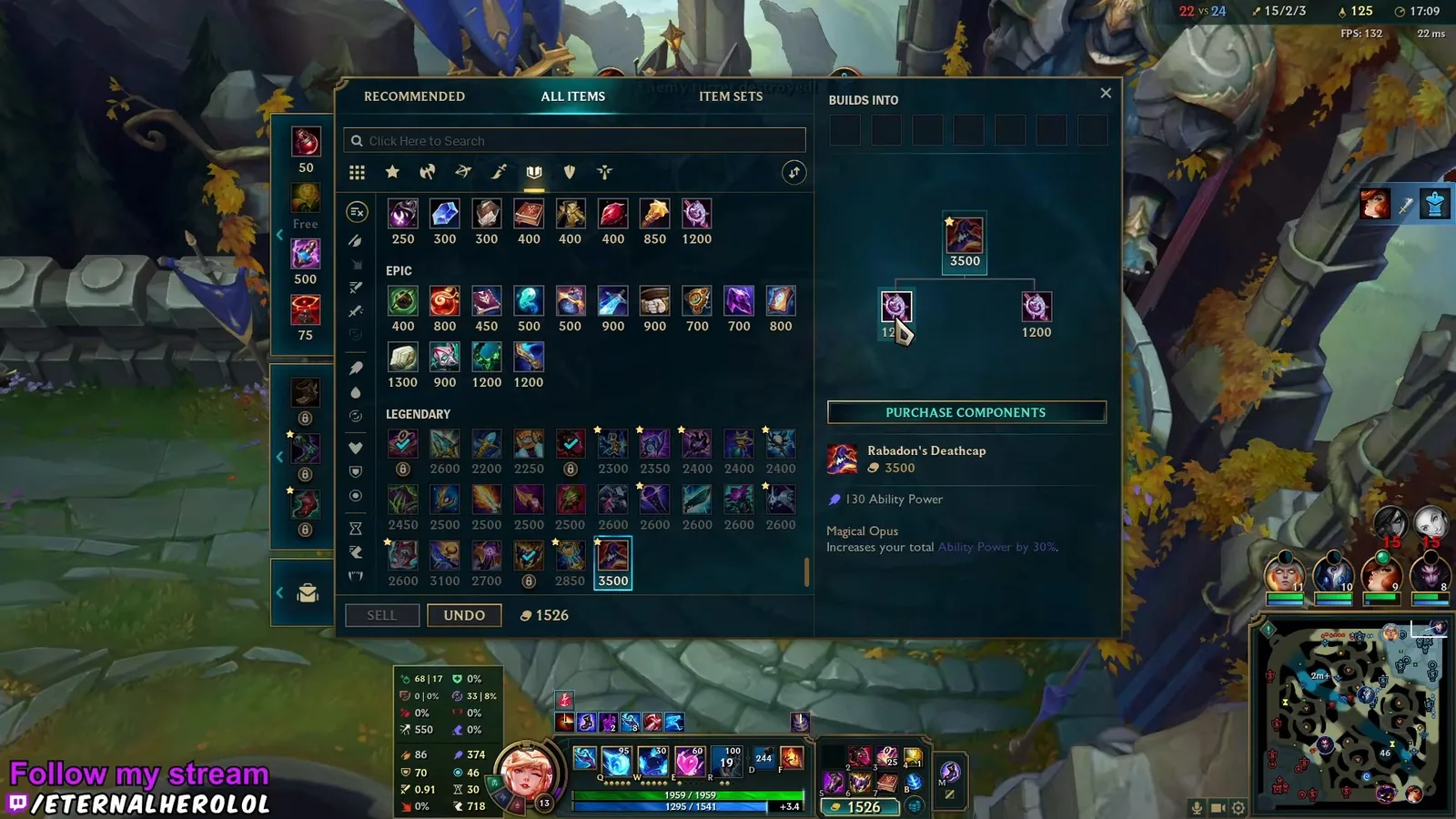 Item shop at 17:09 with Ahri buying Rabadon's Deathcap at 15/2/3