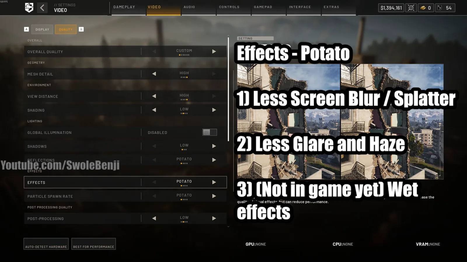 WARDOGS Effects set to Potato with notes on screen blur, glare and wet effects
