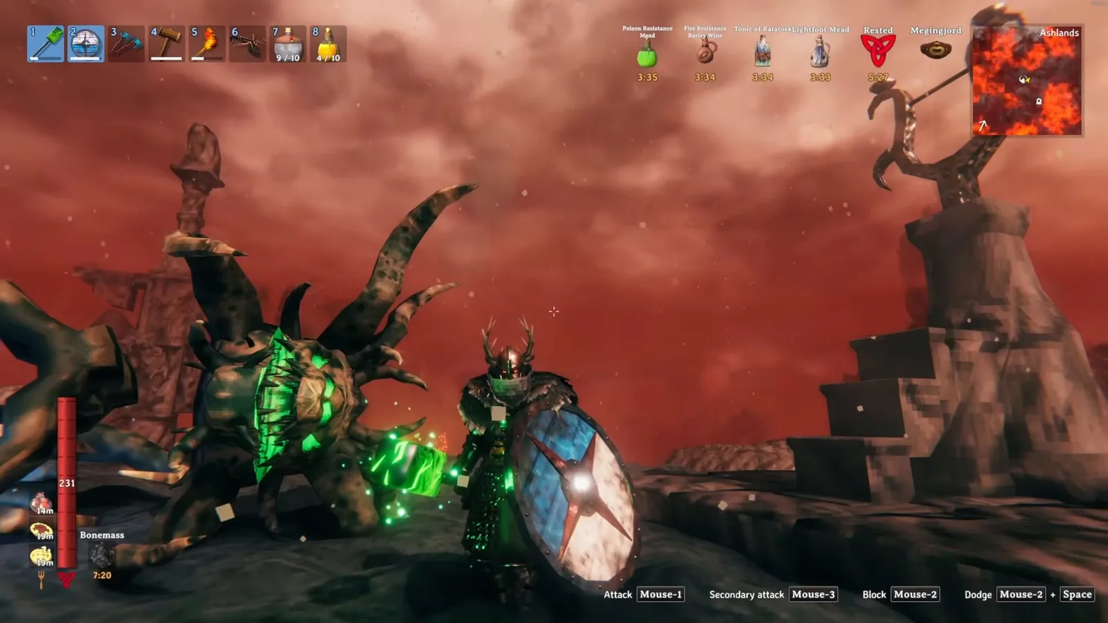 Player in Flametal armour standing beside Fader's defeated body in the Ashlands arena