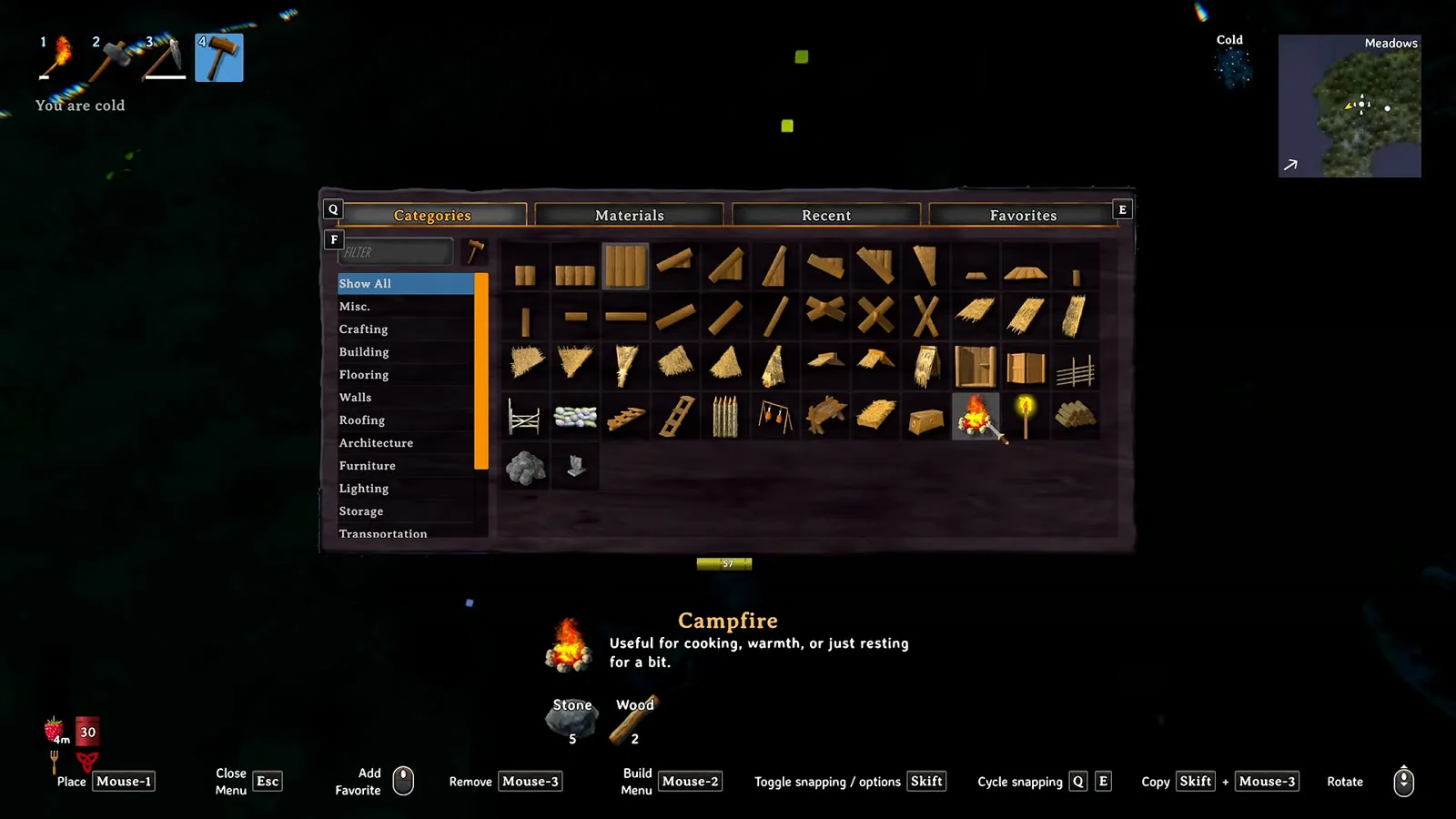 Valheim build menu with the campfire selected inside the first shelter at night