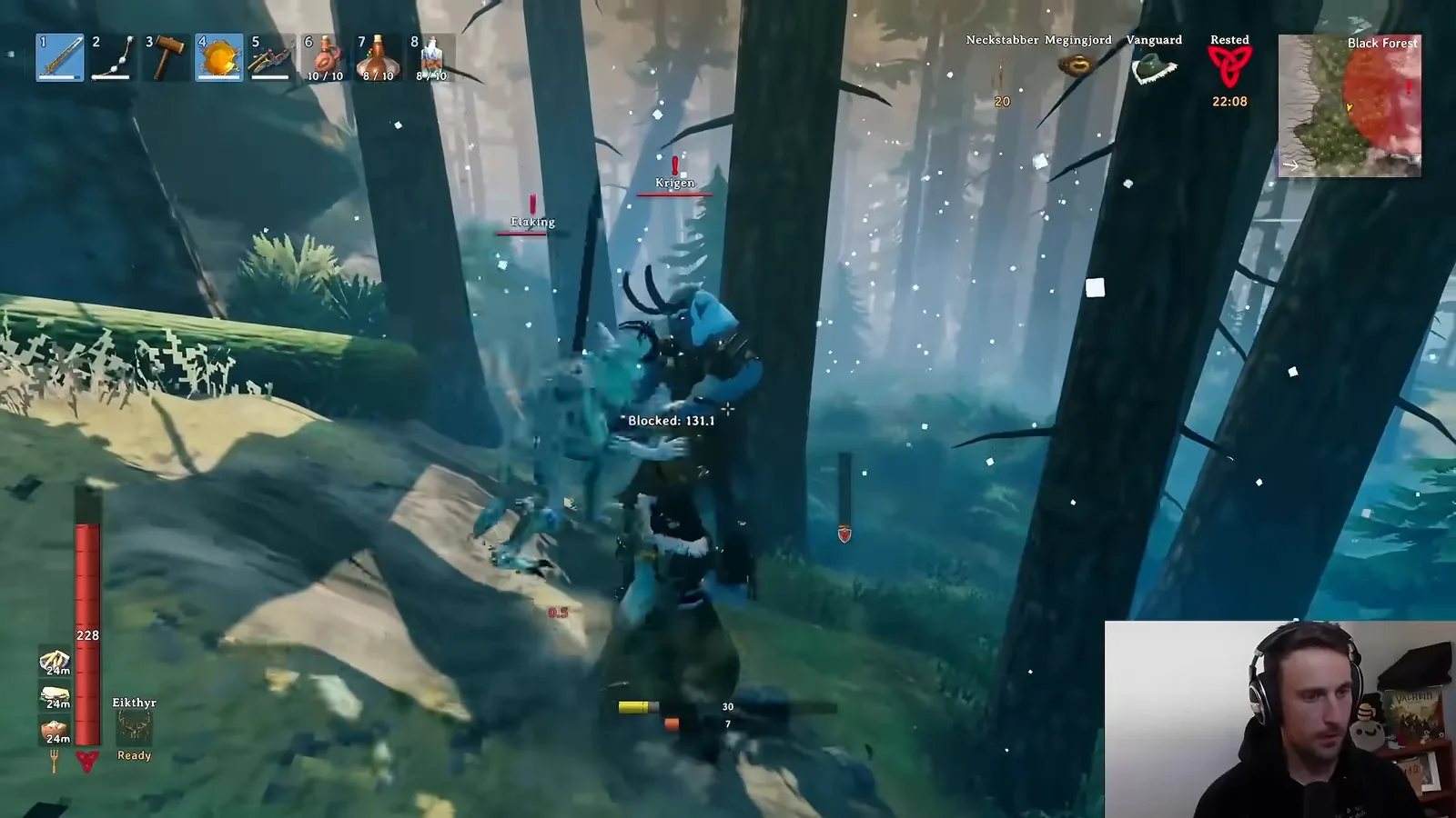 A Krigen Jotun warrior in a frozen forest during a Valheim 1.0 Jotun invasion event