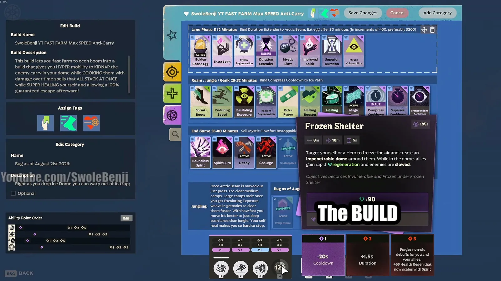 Kelvin build editor showing the Frozen Shelter tooltip and ability point order