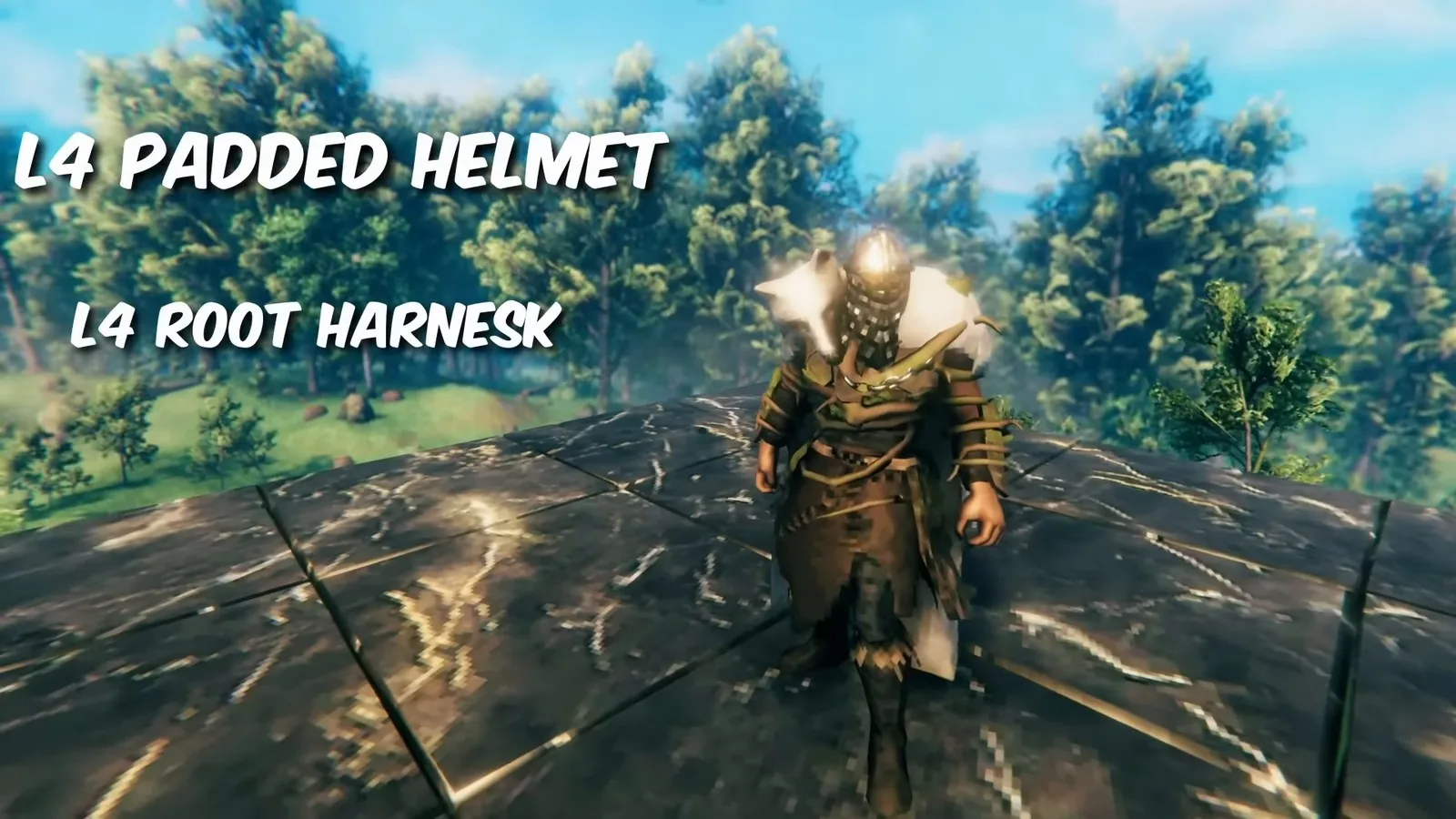 Valheim player in a quality 4 padded helmet and root harnesk, the video's Plains armor pick