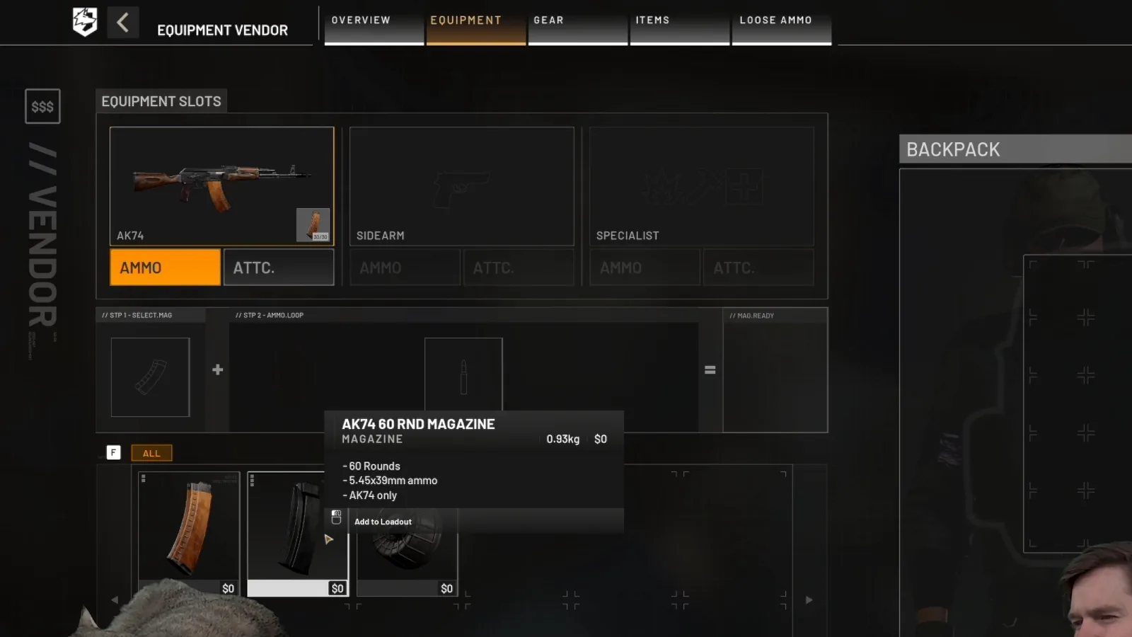 WARDOGS vendor showing the AK74 60-round 5.45x39mm magazine tooltip