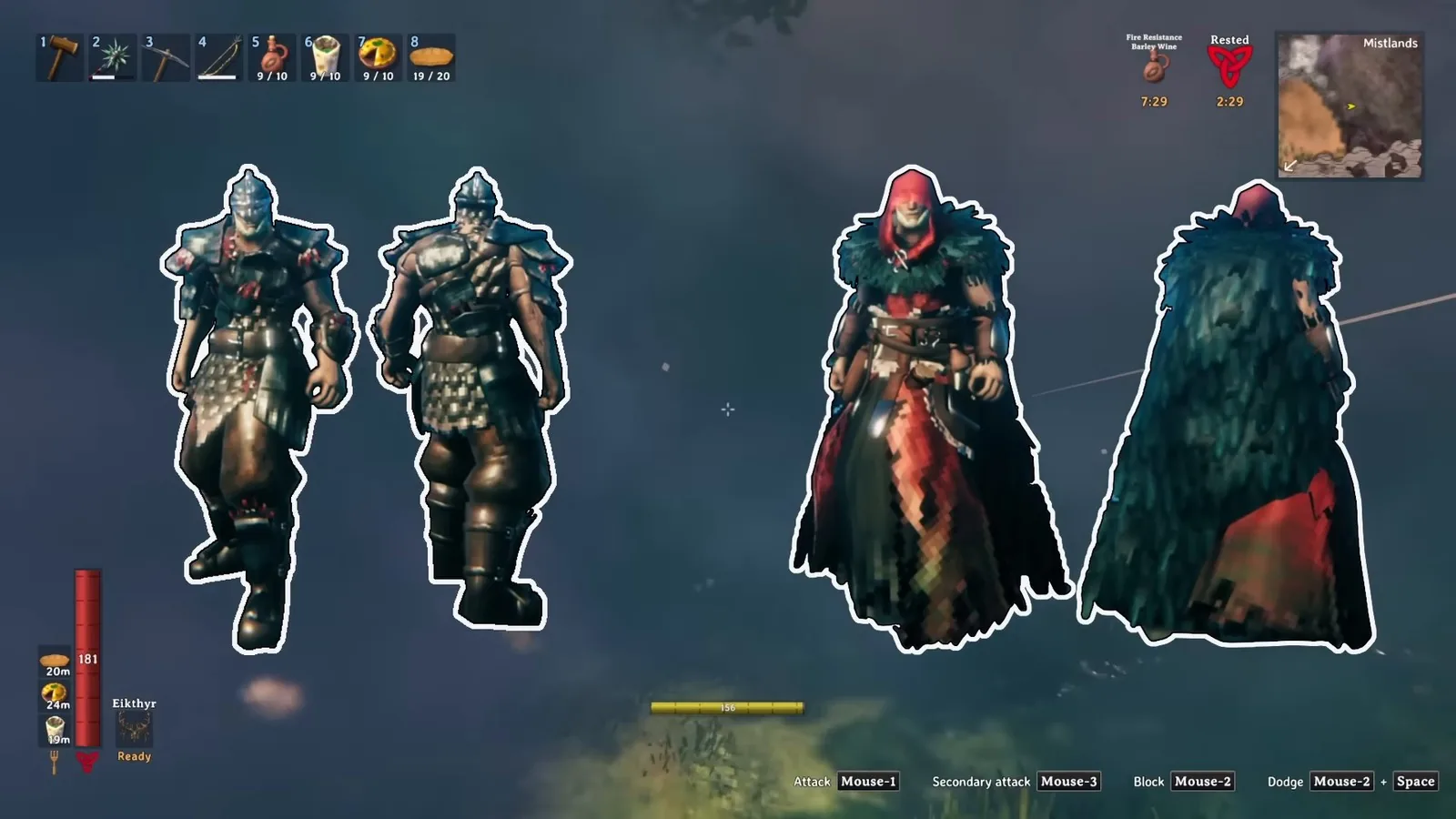 Valheim carapace armor and eitr-weave robes compared in the Mistlands