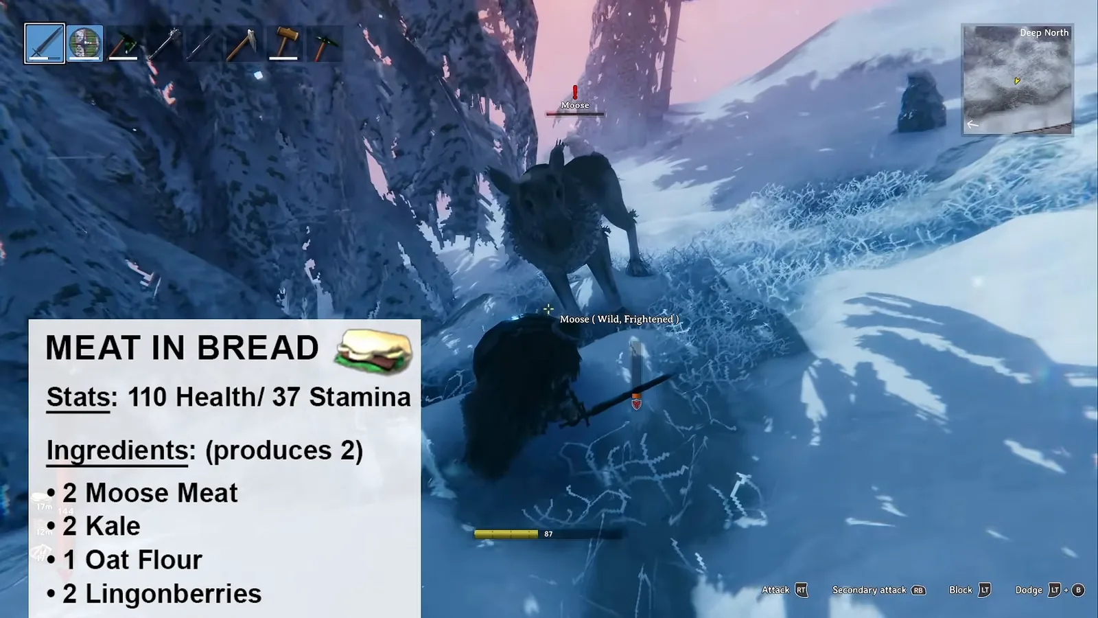 Meat in bread card while hunting Moose in the Valheim Deep North: 110 health and 37 stamina