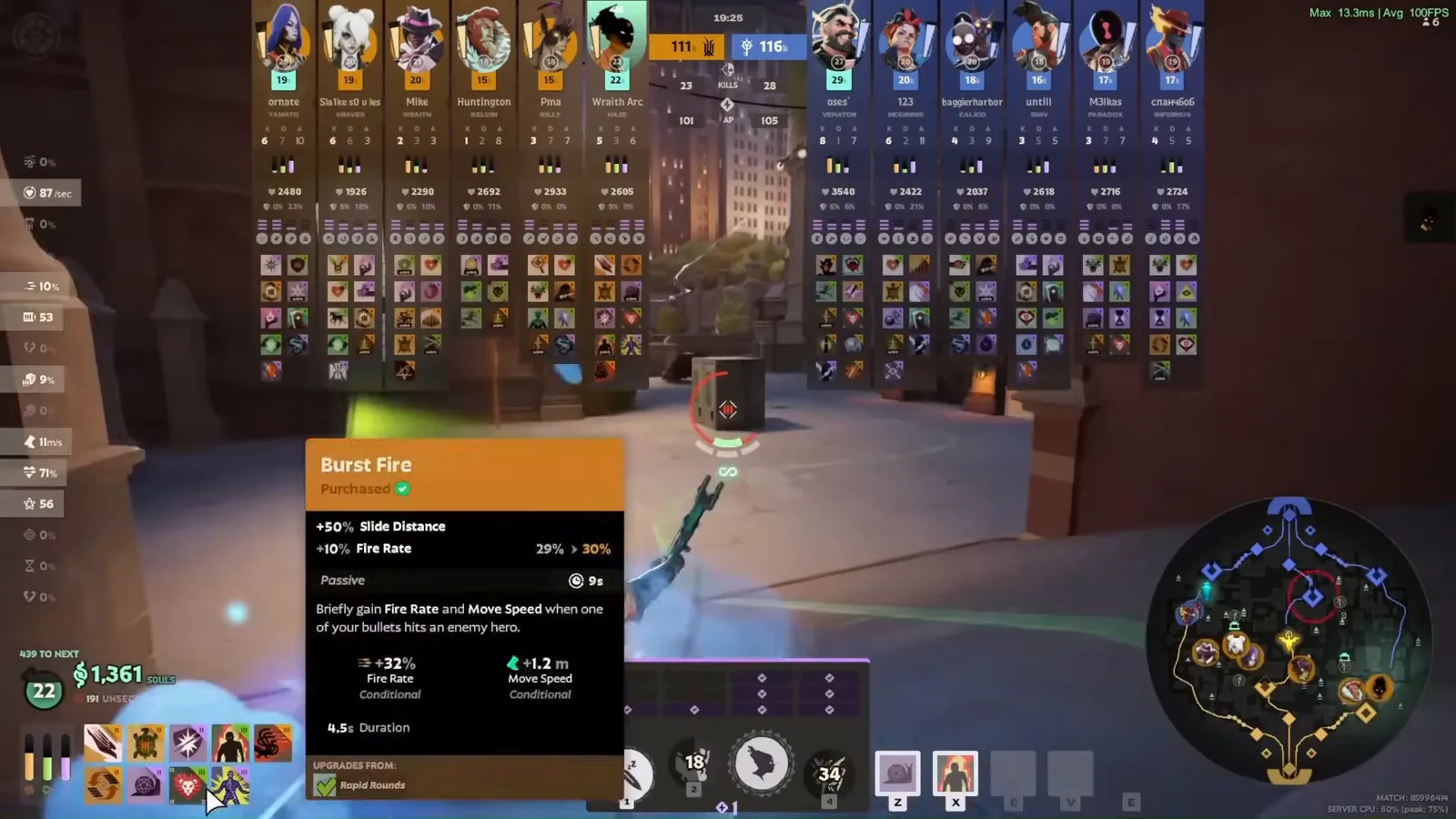 Burst Fire item tooltip in a late game Haze build in Deadlock