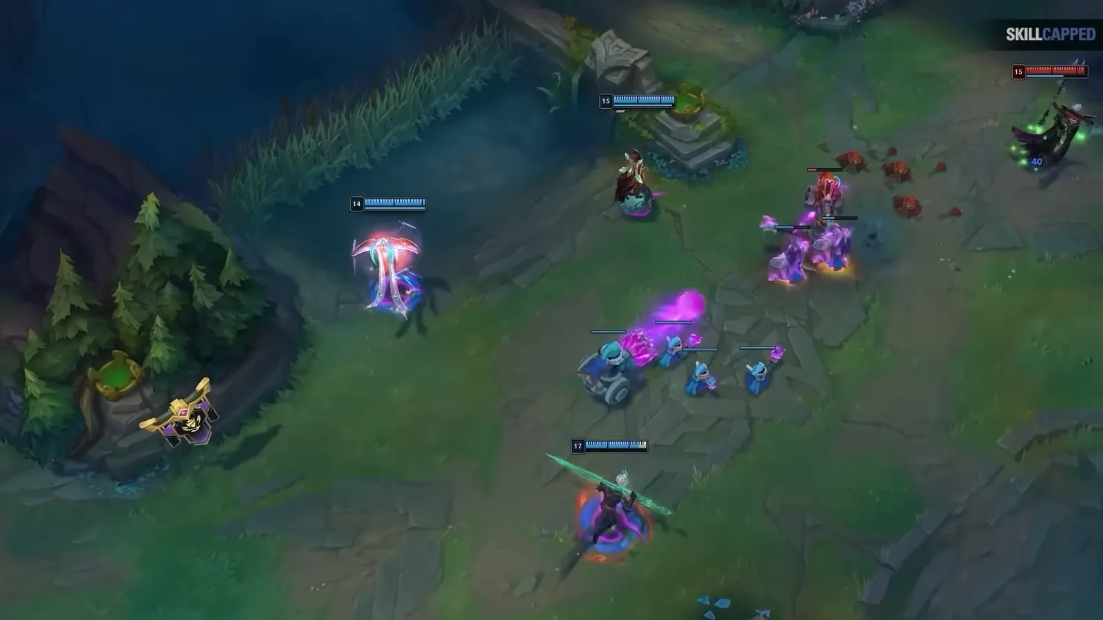 Team pushing the mid lane wave before contesting vision in League of Legends
