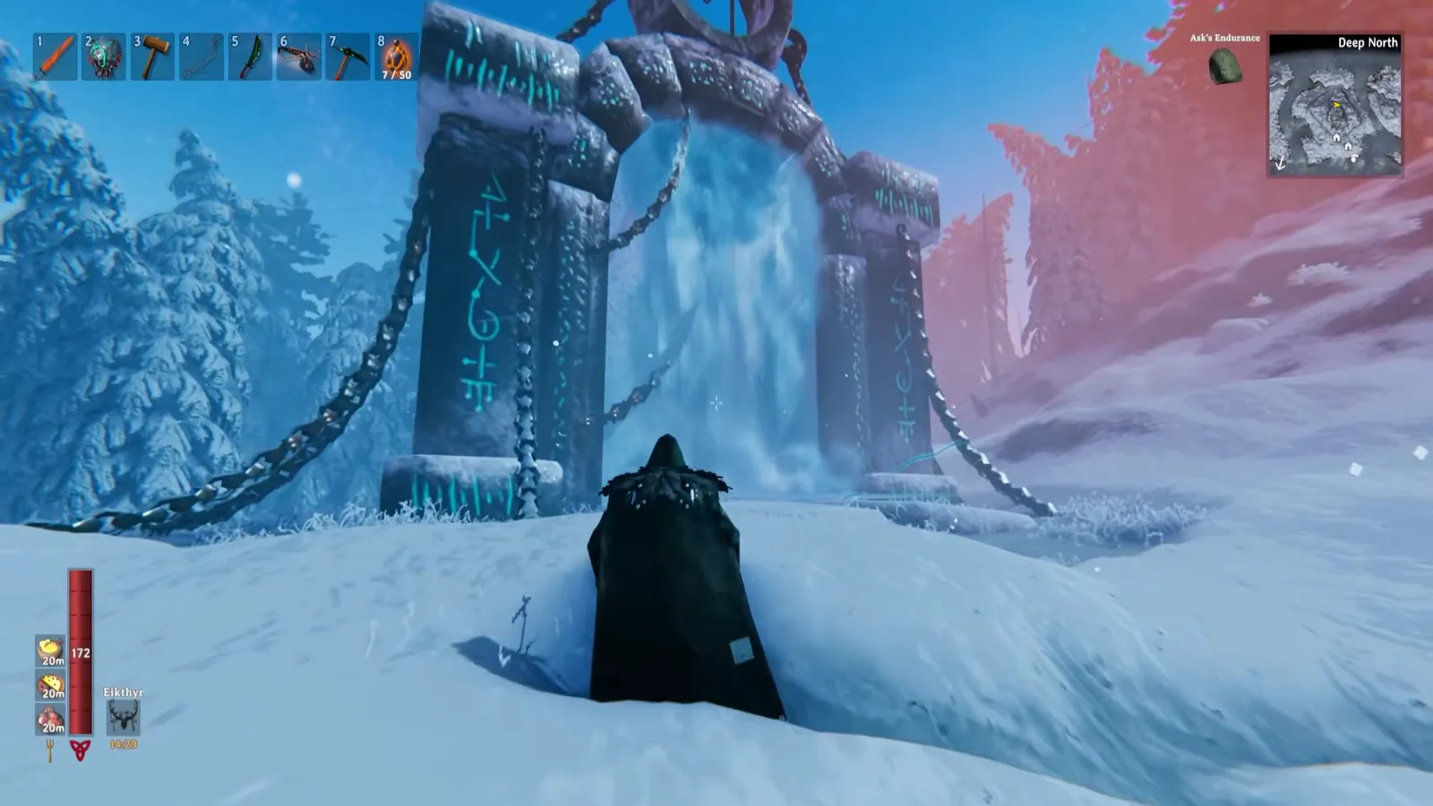 The Aesir Passage gate with chains and runes in the Valheim Deep North, where Kall Fimbulbringer is summoned