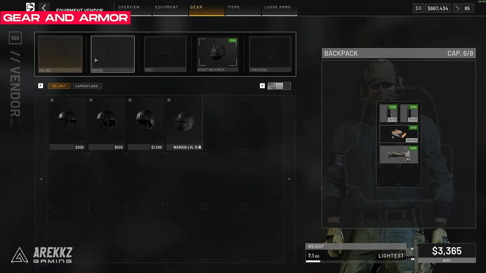 WARDOGS gear tab with helmet, armor, vest, backpack and parachute slots