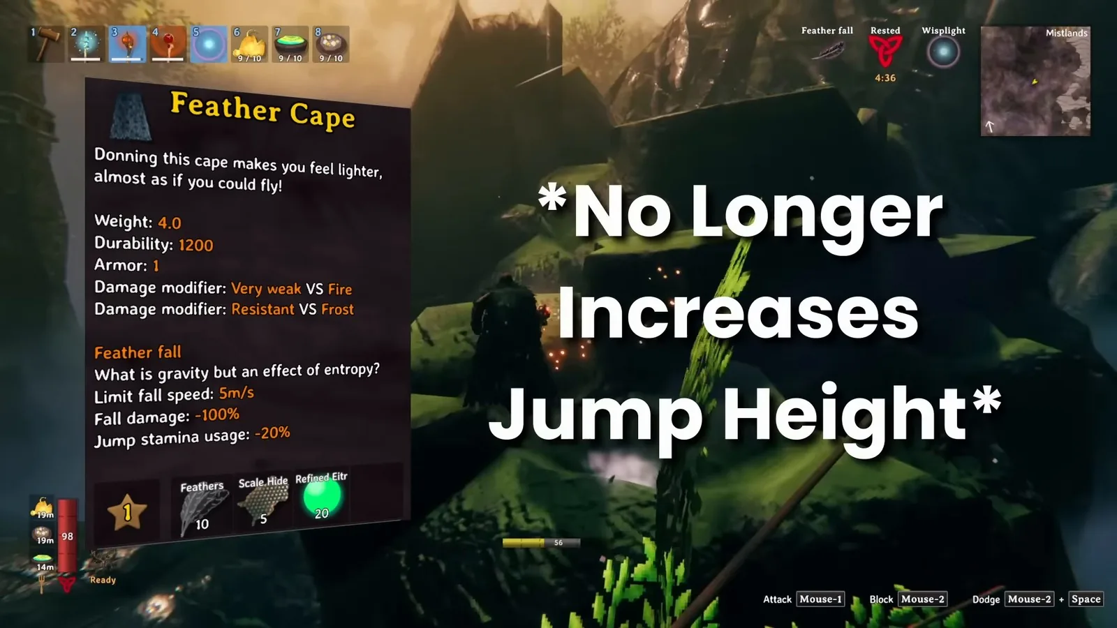 Valheim Feather cape tooltip with feather fall and a no longer increases jump height caption