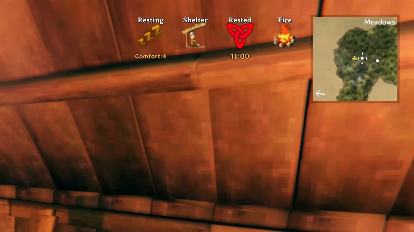 Resting, Shelter, Rested 11:00 and Fire status icons at comfort level 4 in Valheim