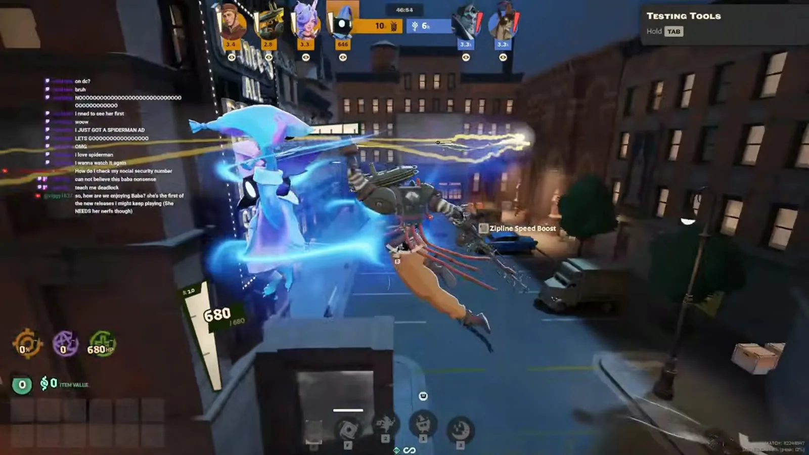 Deadlock hero travelling through the air above the street during the movement drill
