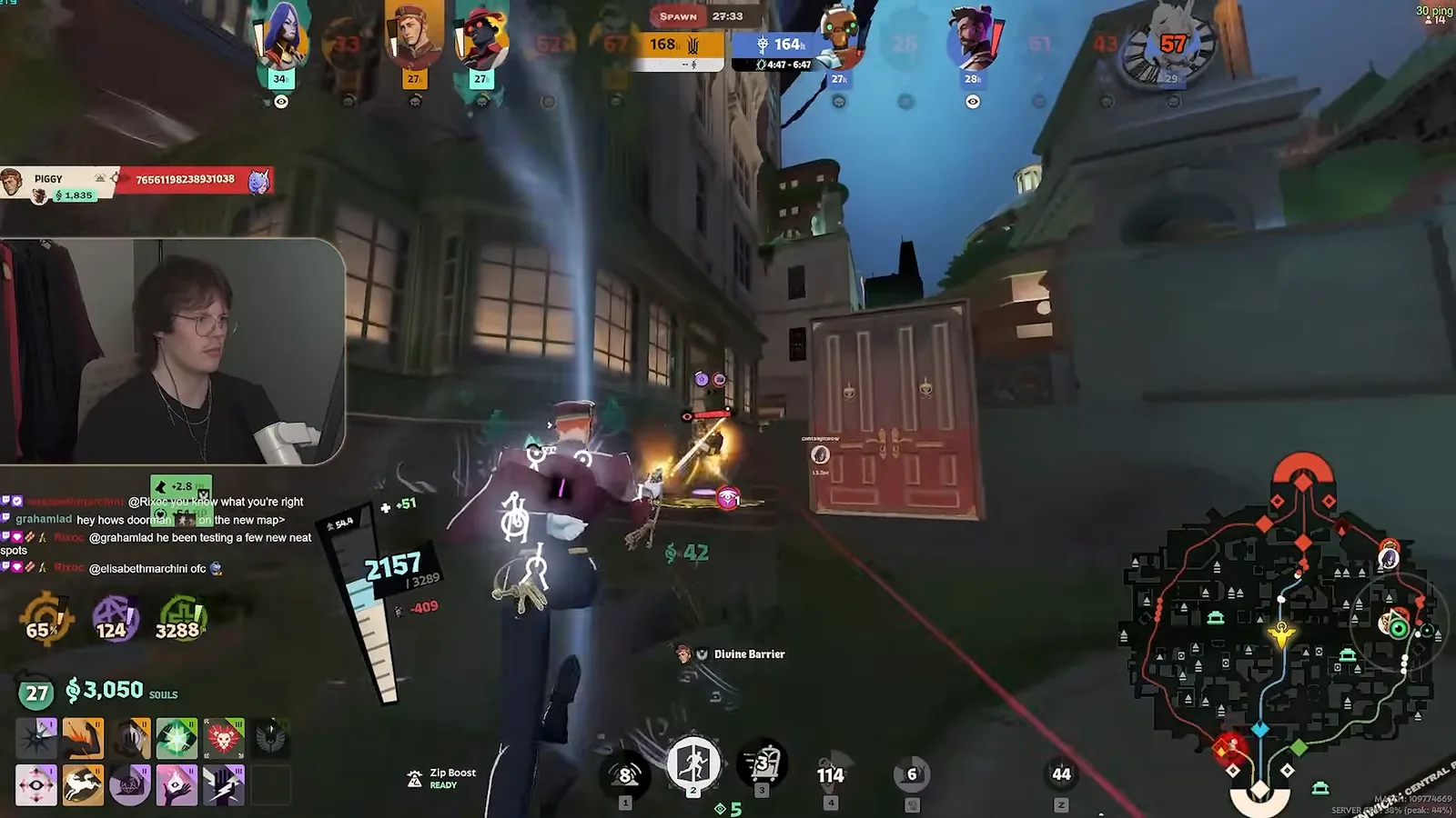 Doorman fighting beside his red door in a late-game Deadlock teamfight