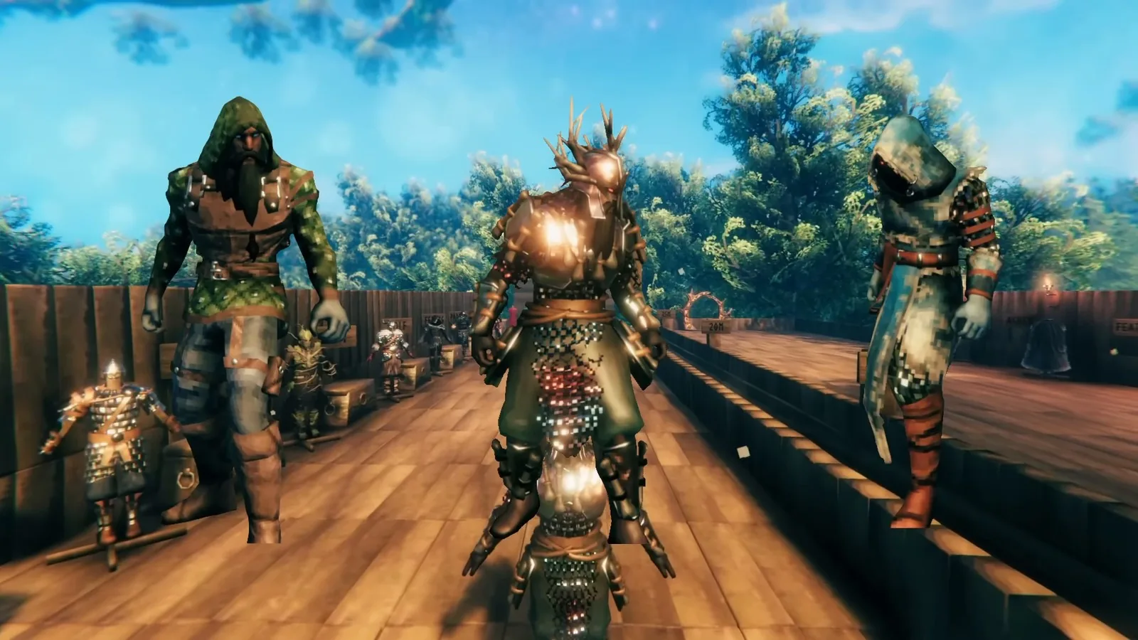 Valheim Ashlands armor sets: Ask, Flametal and Embla side by side on display stands