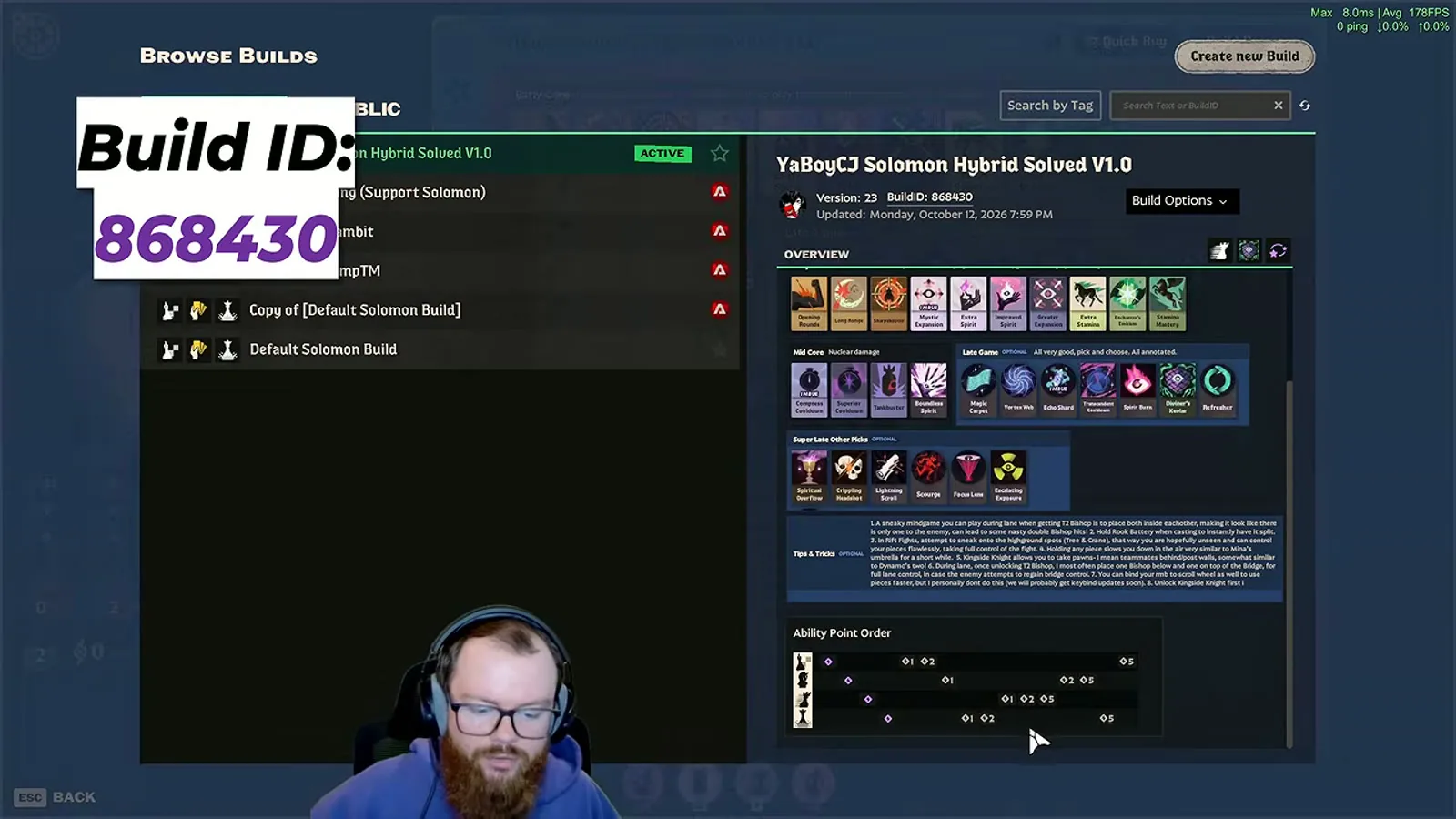 Deadlock Build Browser showing YaBoyCJ Solomon Hybrid Solved V1.0, build ID 868430