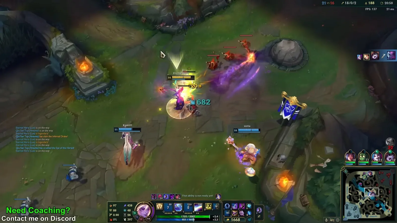 Lux bursting an enemy for 682 damage in mid lane at 20:58 with an 18/0/2 score