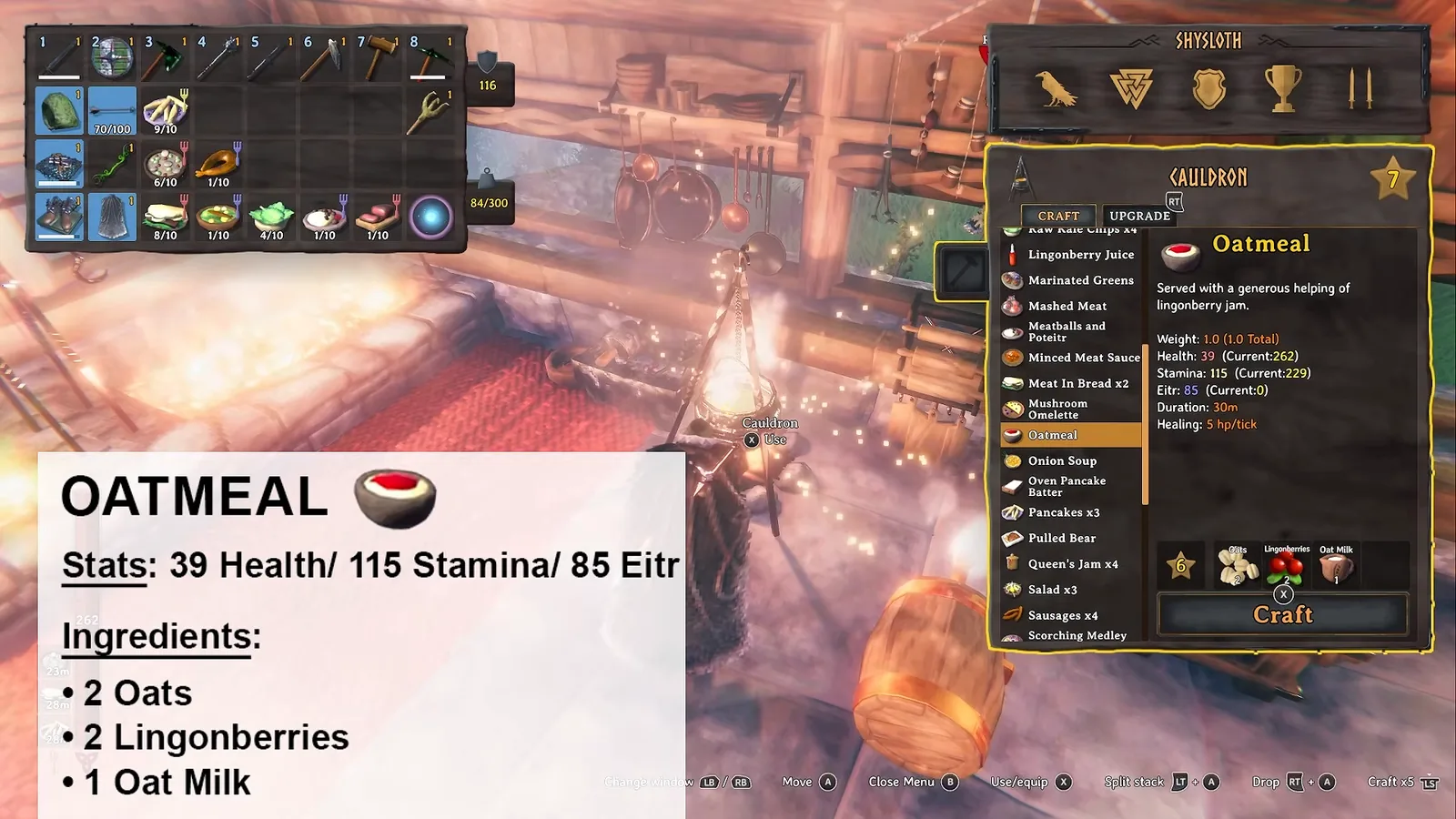 Oatmeal in the Valheim Cauldron menu: 39 health, 115 stamina and 85 eitr