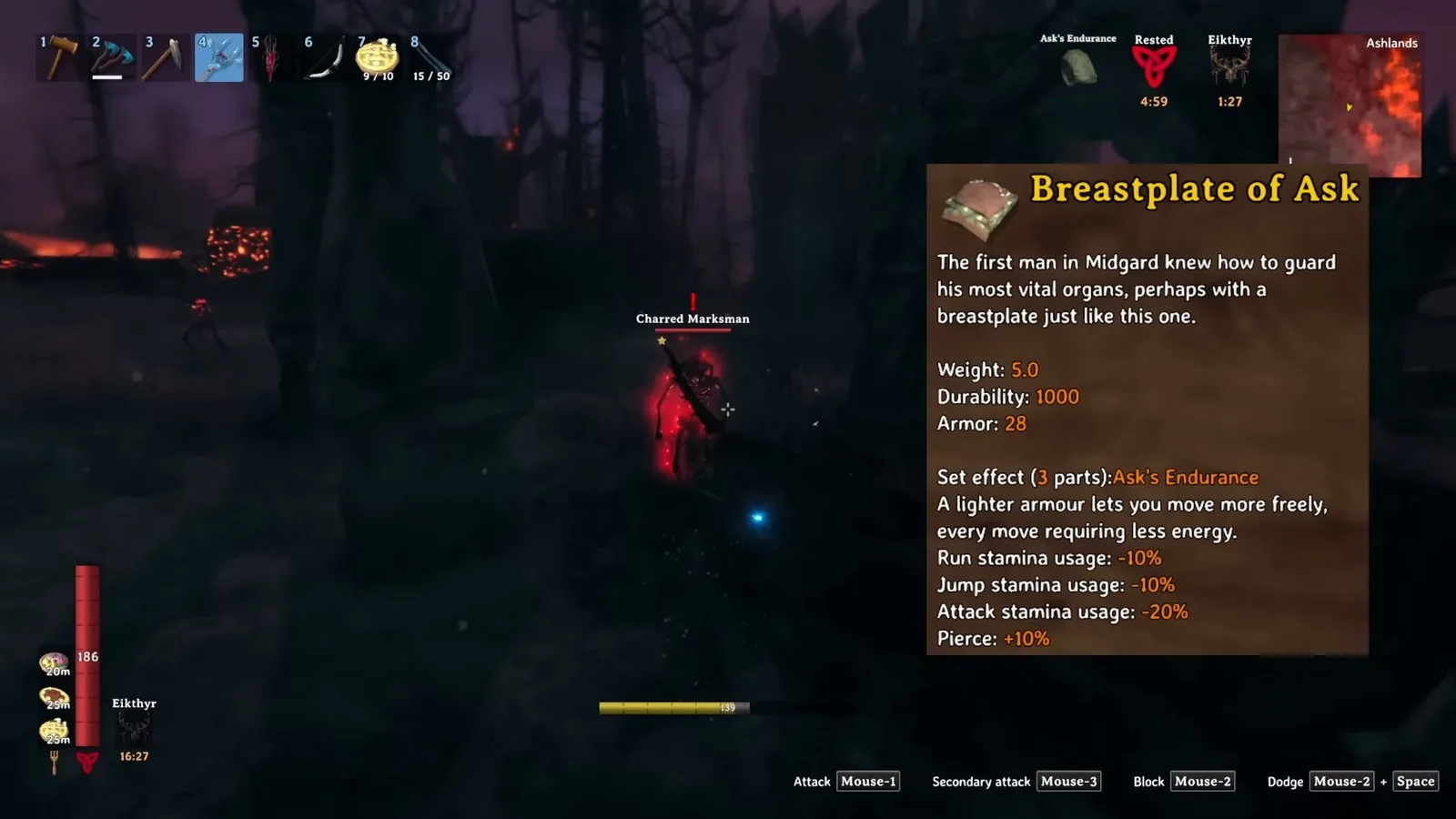 Valheim Breastplate of Ask tooltip showing the Ask's Endurance set bonus