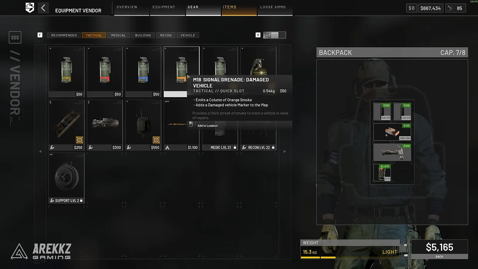 WARDOGS items tab showing coloured signal smoke grenades and their map marker tooltip