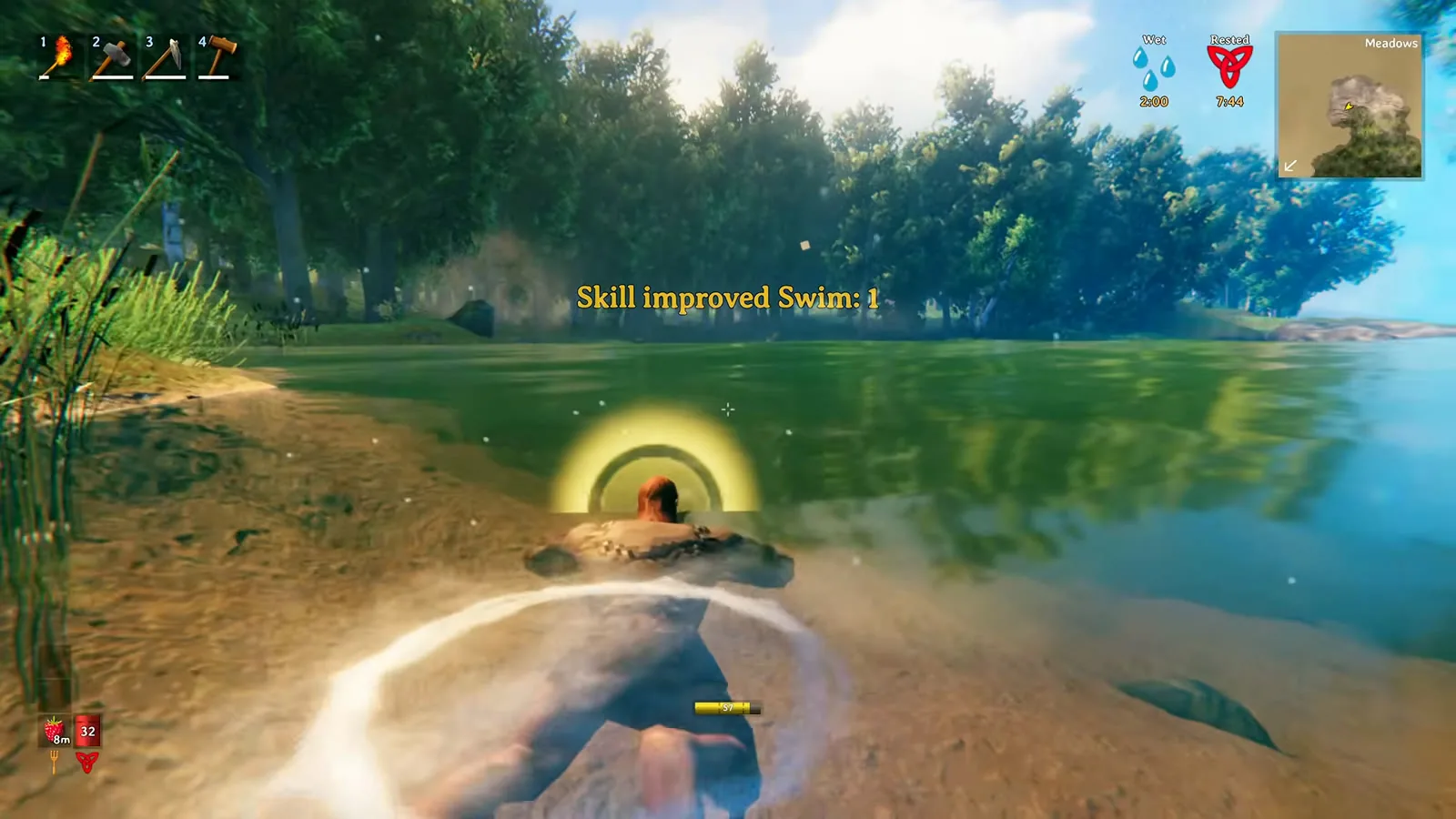 Practicing swimming near the Meadows shoreline in Valheim with the Wet status active