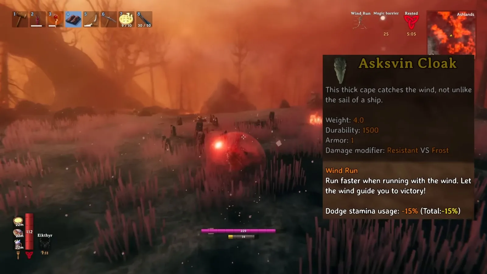 Valheim Asksvin cloak tooltip with Wind run and 15 percent dodge stamina reduction