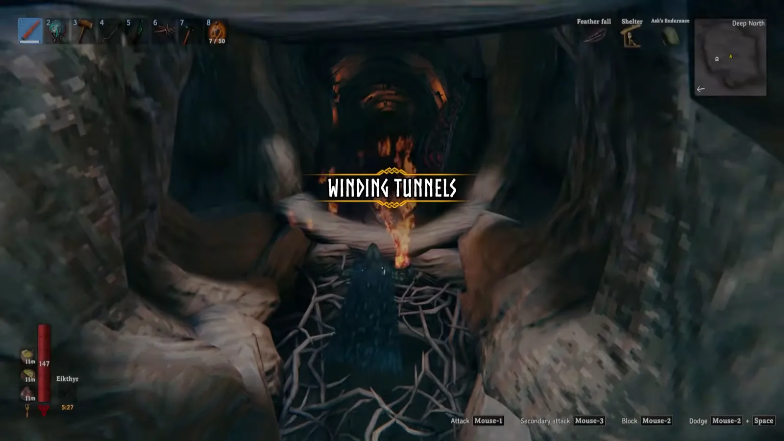 Entering the Winding Tunnels through the hole in a Valheim Deep North village hall