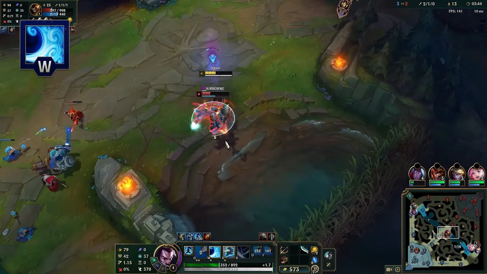 Yasuo fighting next to his Wind Wall so enemy projectiles hit the wall