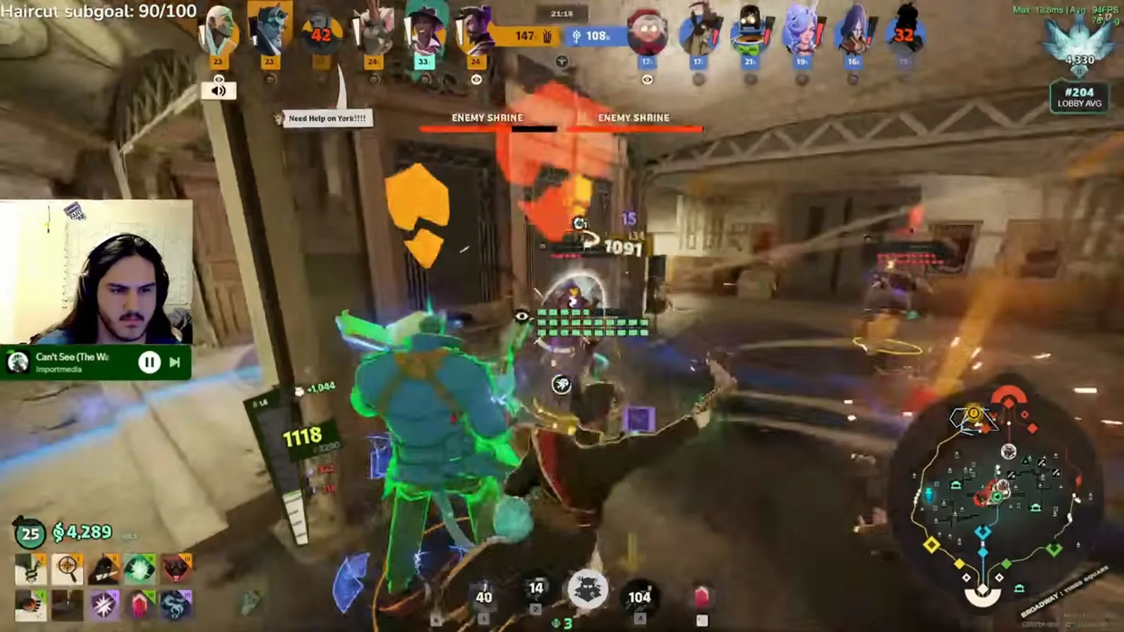 Abrams brawling at point-blank range in a City Never Sleeps teamfight next to the enemy shrine